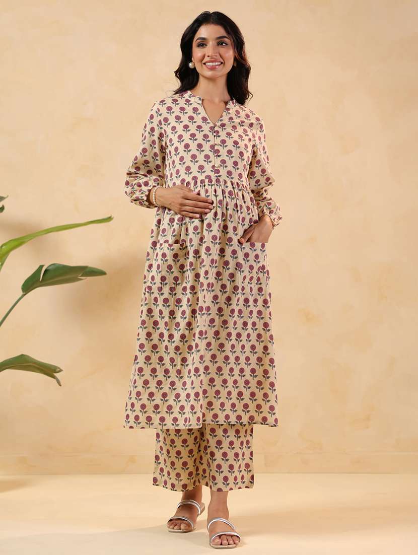 women floral printed long sleeve kurta palazzo set
