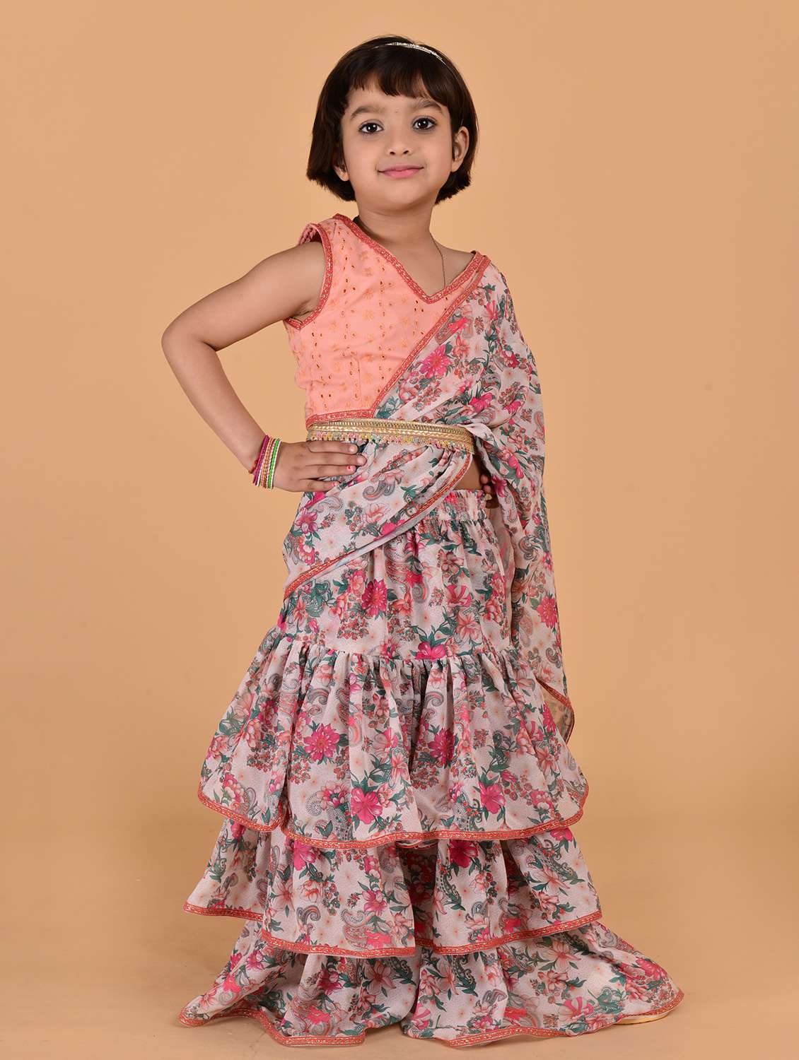 girls floral print pre draped saree - 22144896 -  Standard Image - 1