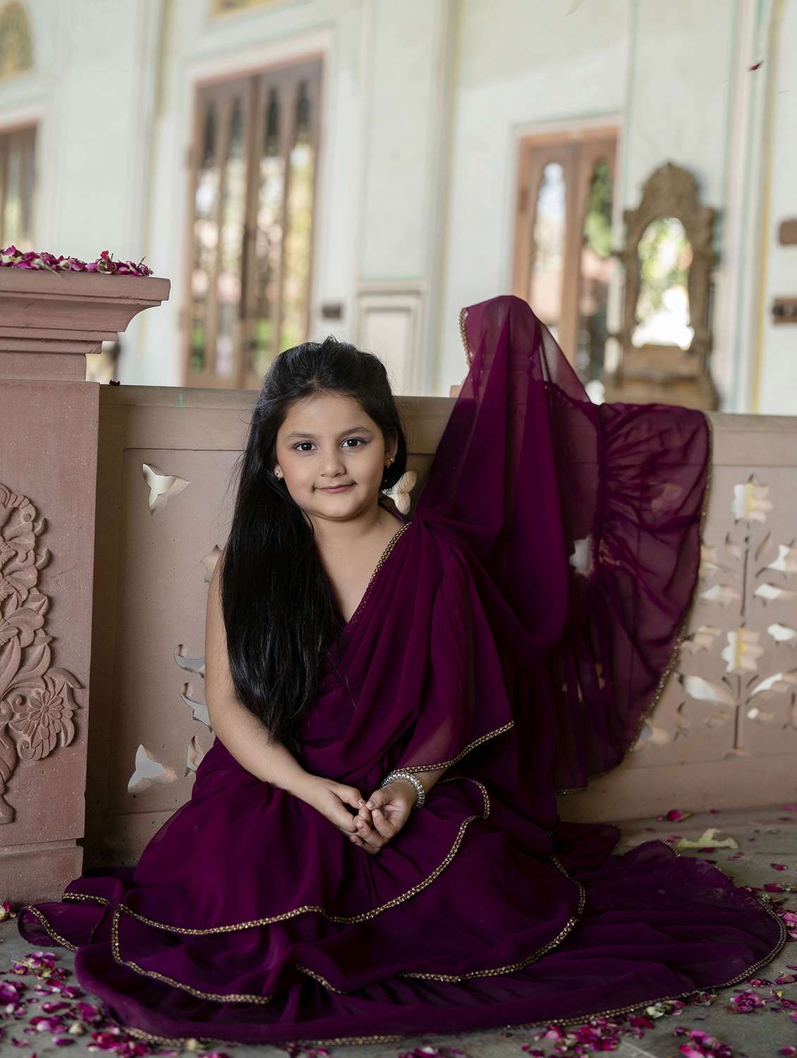 girls solid pre draped ruffled saree - 22144898 -  Standard Image - 1