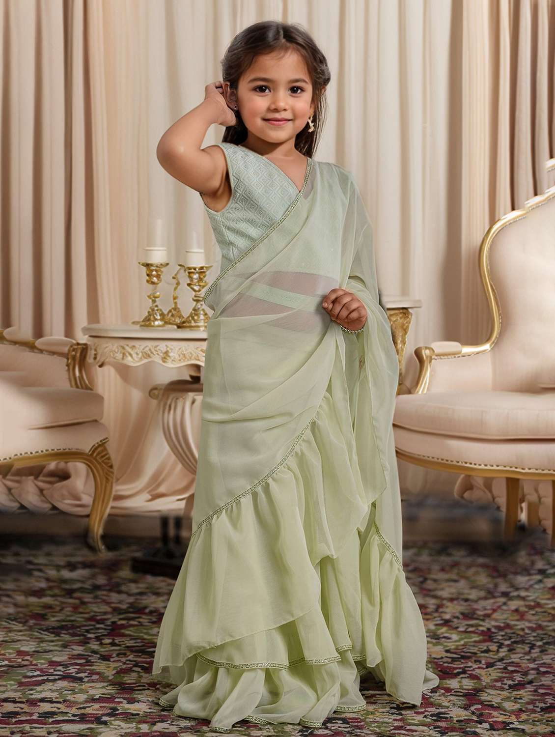 girls solid pre draped ruffled saree - 22144899 -  Standard Image - 1