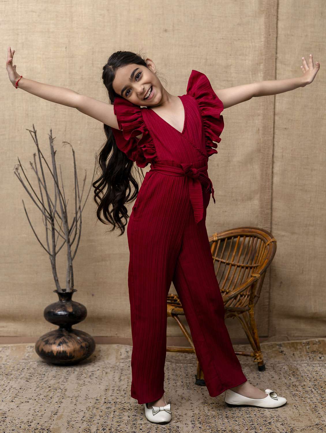 girls maroon solid ruffle sleeve jumpsuit - 22144920 -  Standard Image - 1