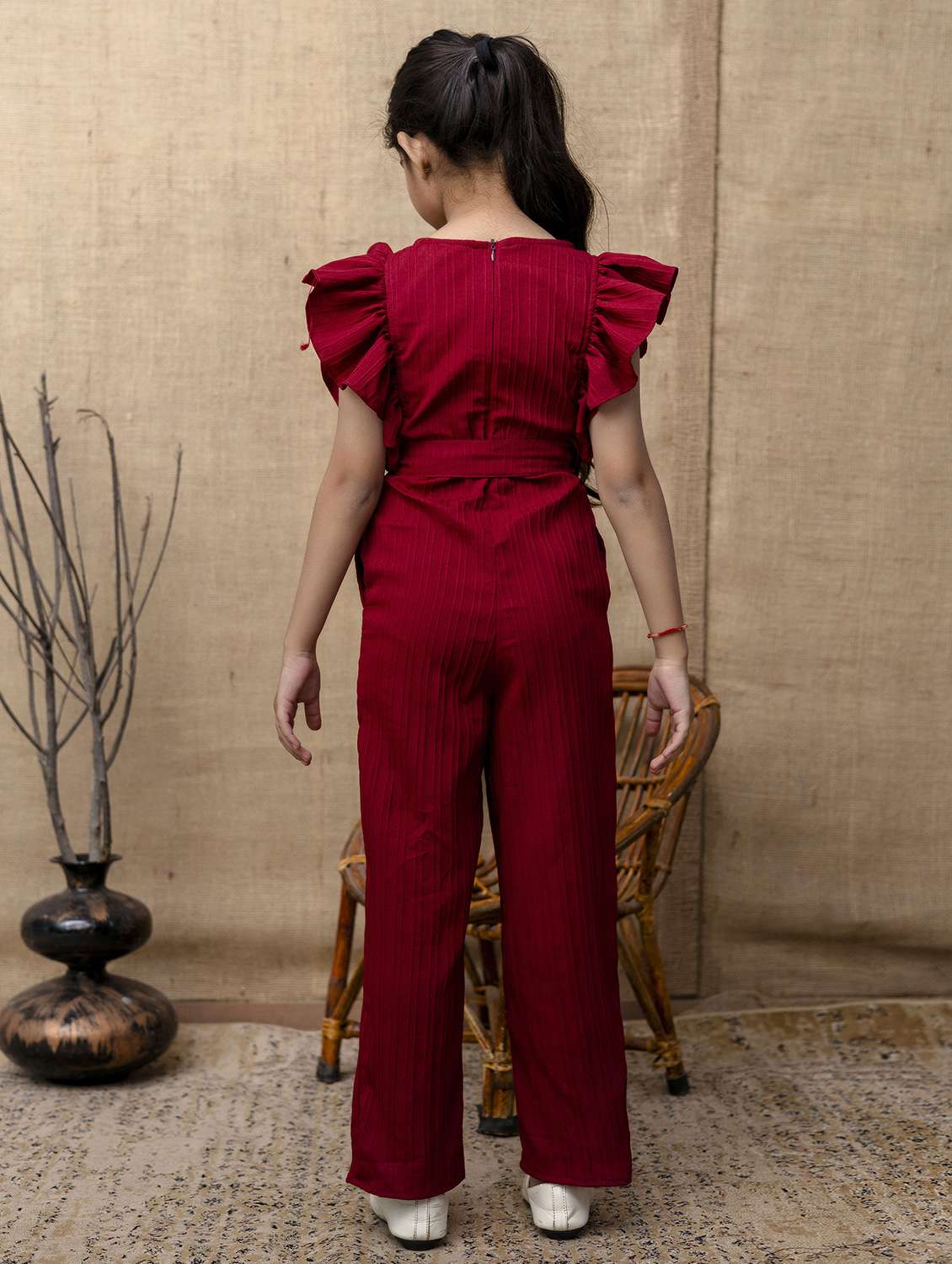girls maroon solid ruffle sleeve jumpsuit - 22144920 -  Standard Image - 4