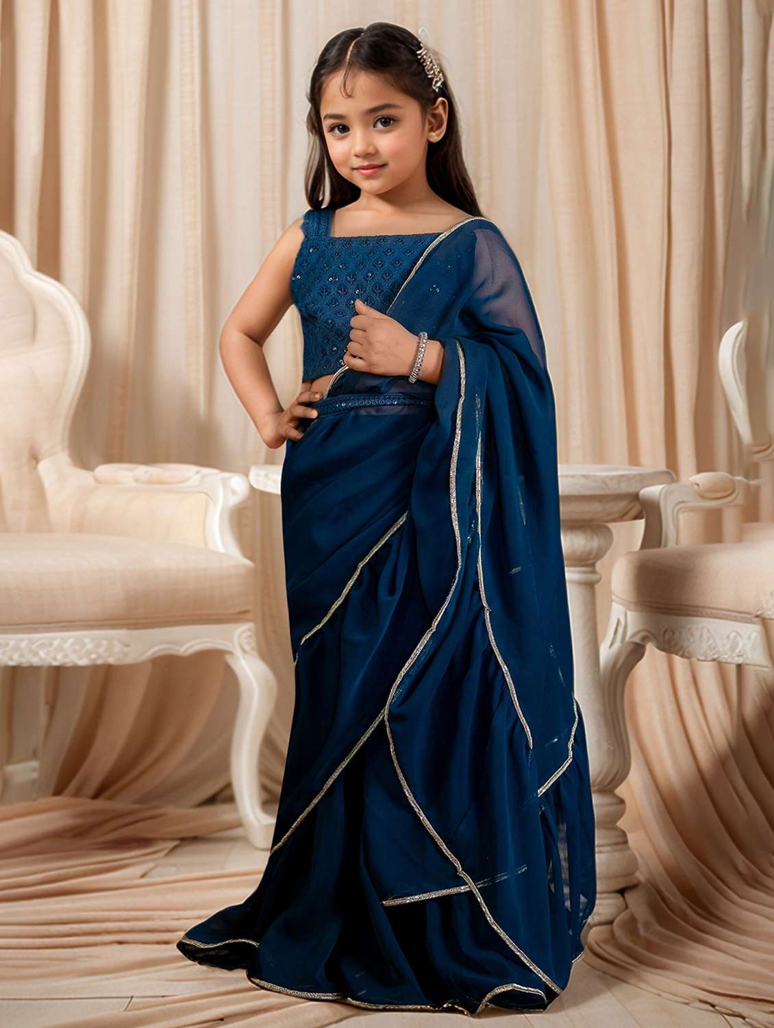 girls solid pre draped ruffled saree - 22144921 -  Standard Image - 1
