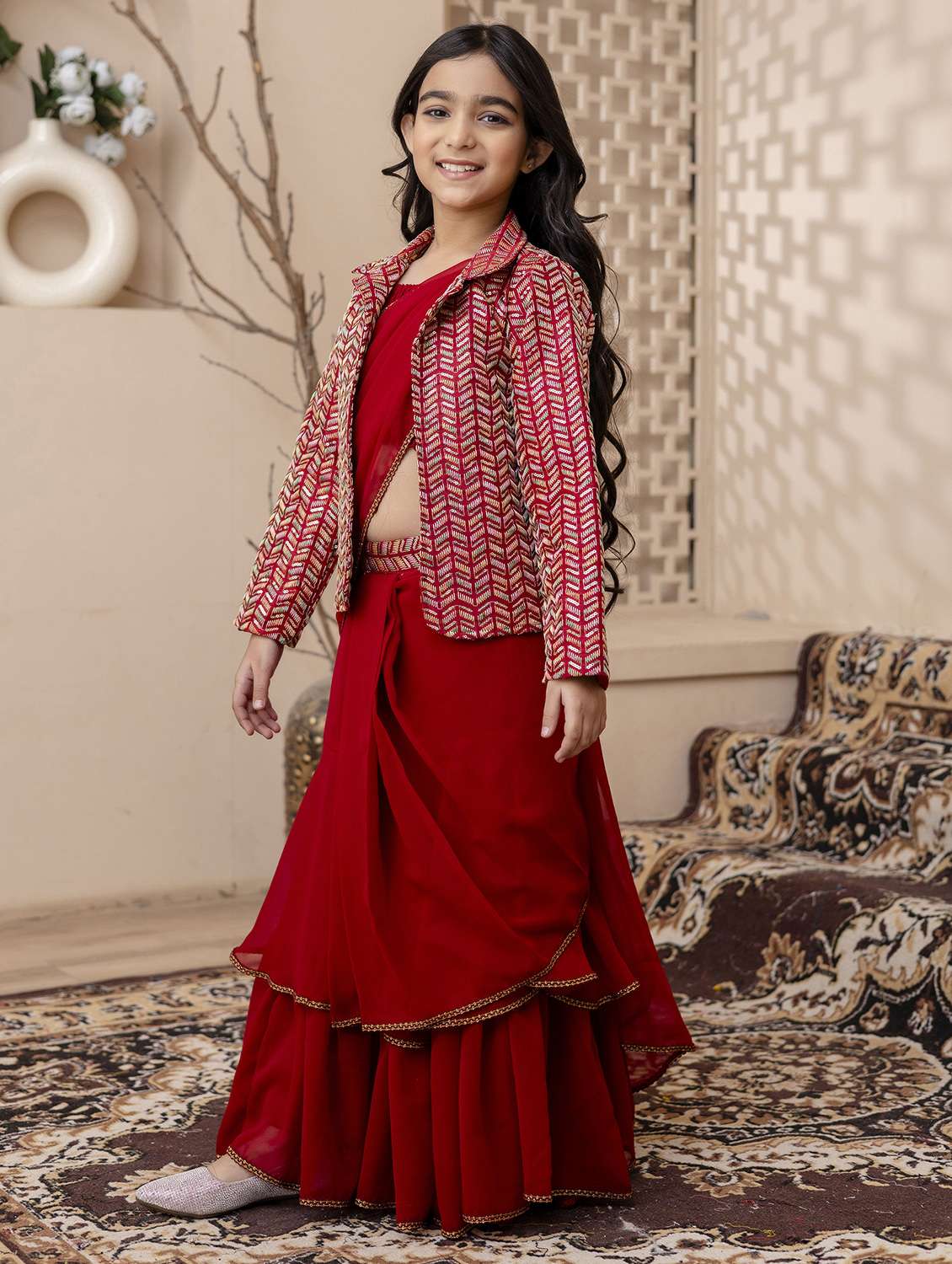 Girls Solid Pre Dreaped Saree With Embroidered Jacket - 22144923 -  Standard Image - 1
