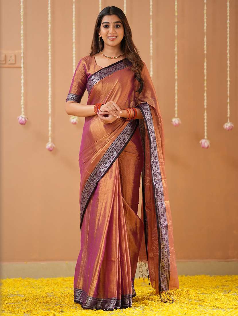 women solid with bordered handloom saree with blouse