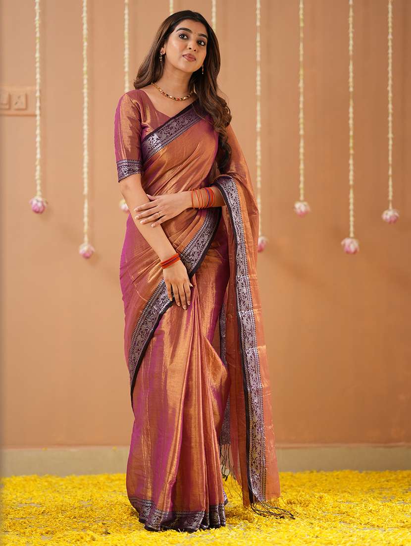 women solid with bordered handloom saree with blouse - 22145099 -  Standard Image - 1