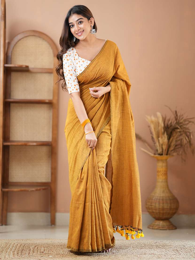 women solid handloom saree with blouse - 22145137 - Standard Image - 1