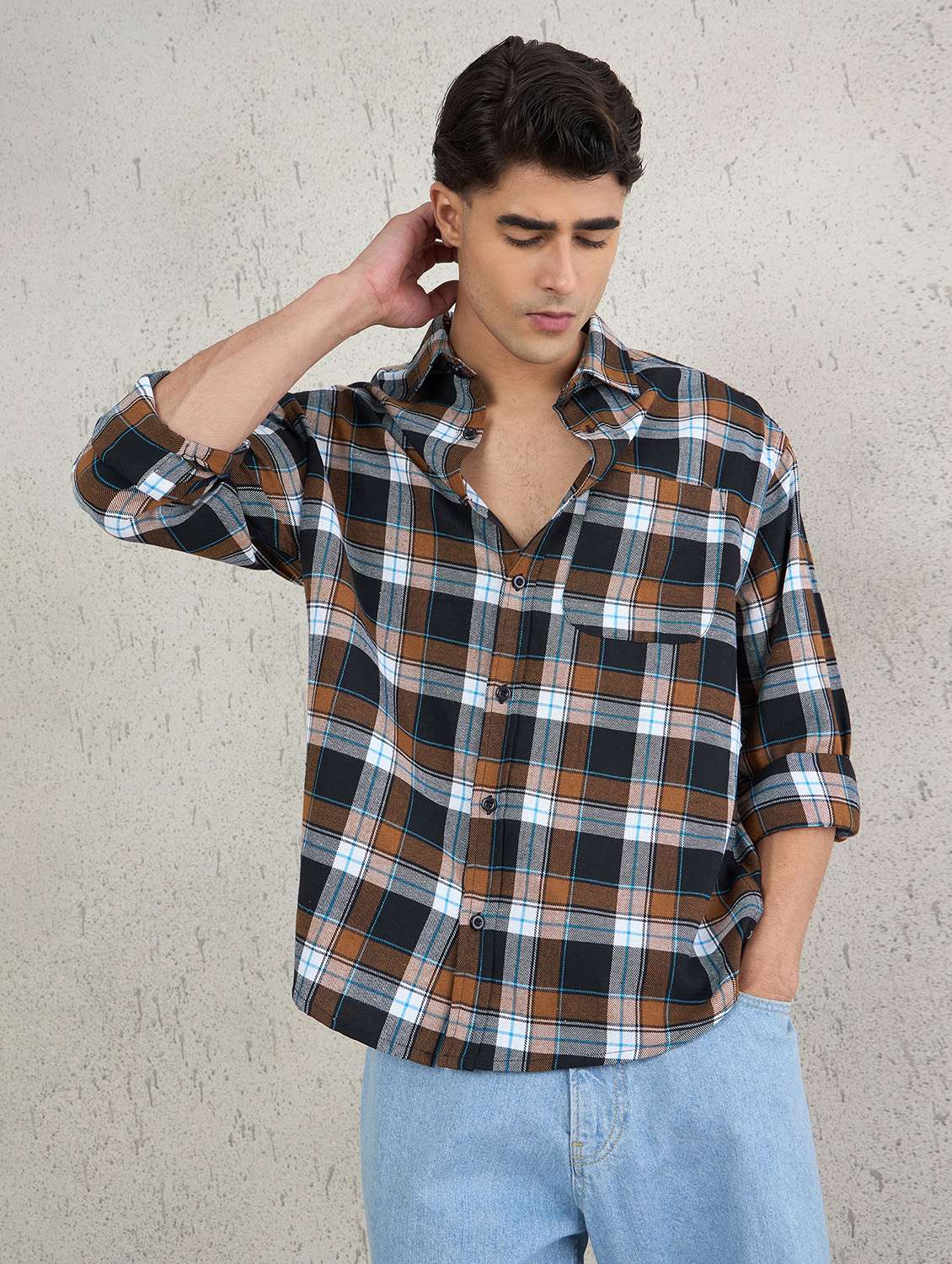 men checkered long sleeve oversized casual shirt