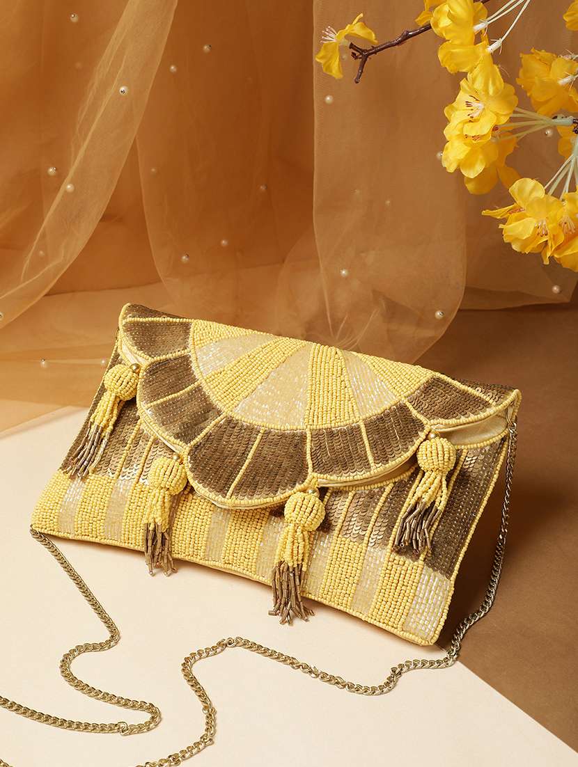 yellow striped embellished party sling bag clutch