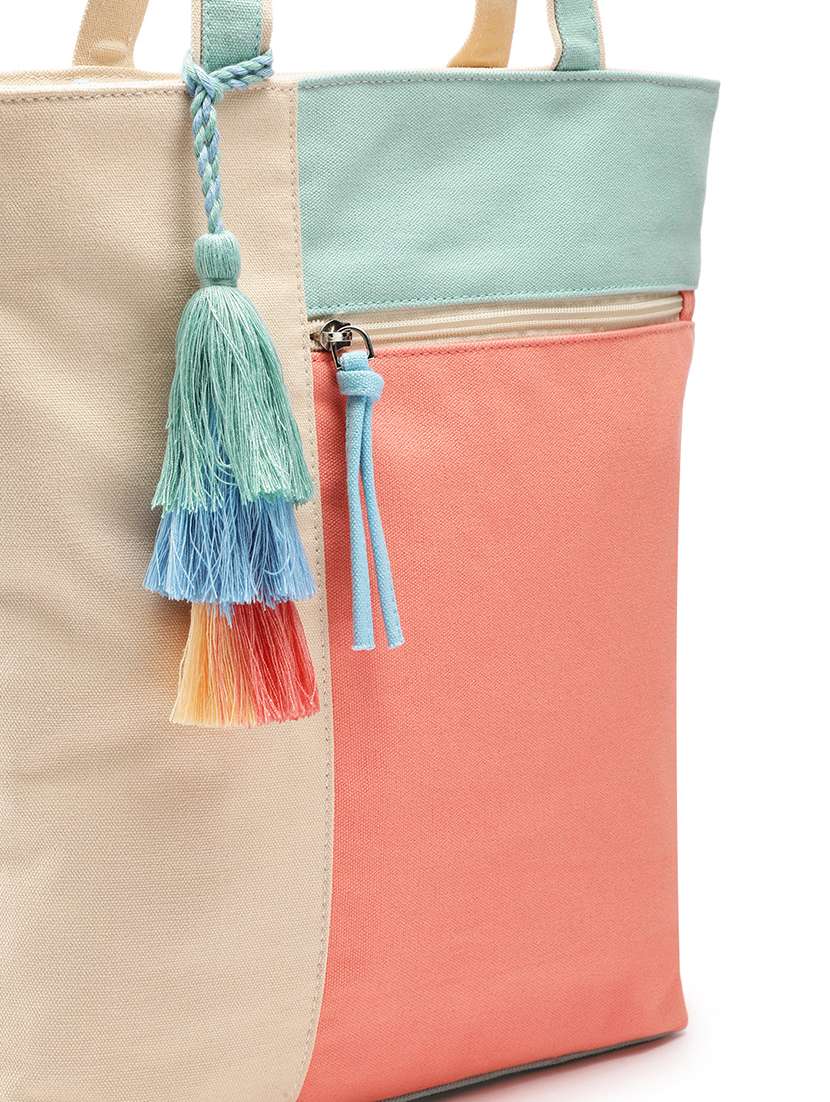 color block canvas tote bag with tassels - 22145793 -  Standard Image - 4