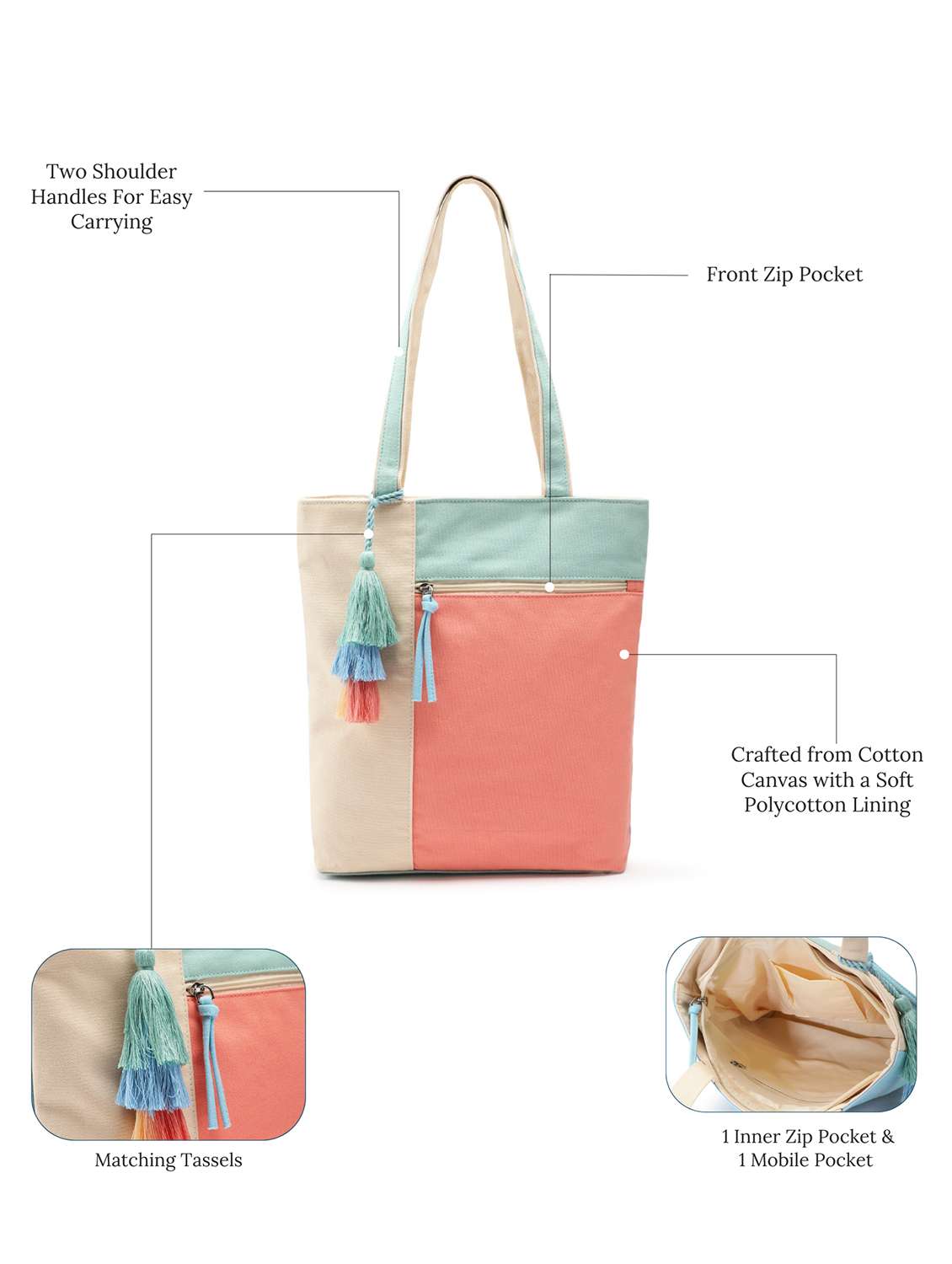 color block canvas tote bag with tassels - 22145793 -  Standard Image - 6