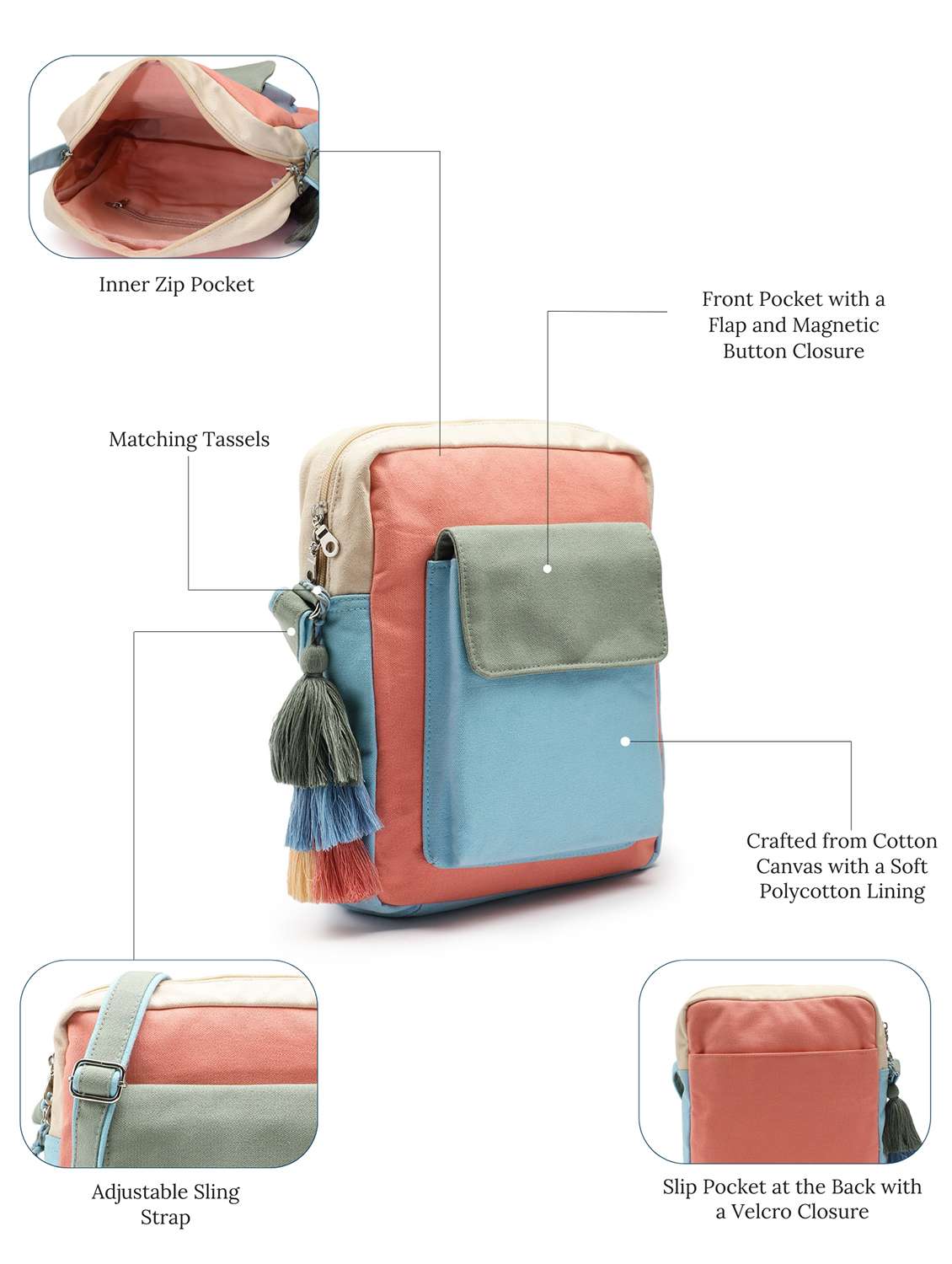 color block canvas sling bag with tassel - 22145800 -  Standard Image - 4