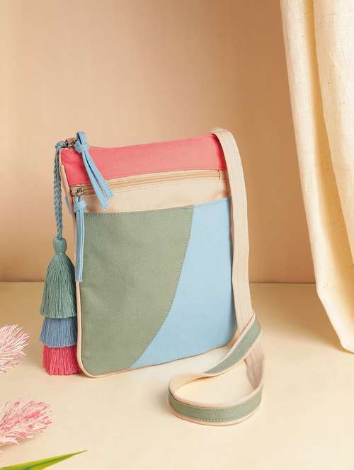 colorblock canvas sling bag with tassels - 22145801 - Standard Image - 0