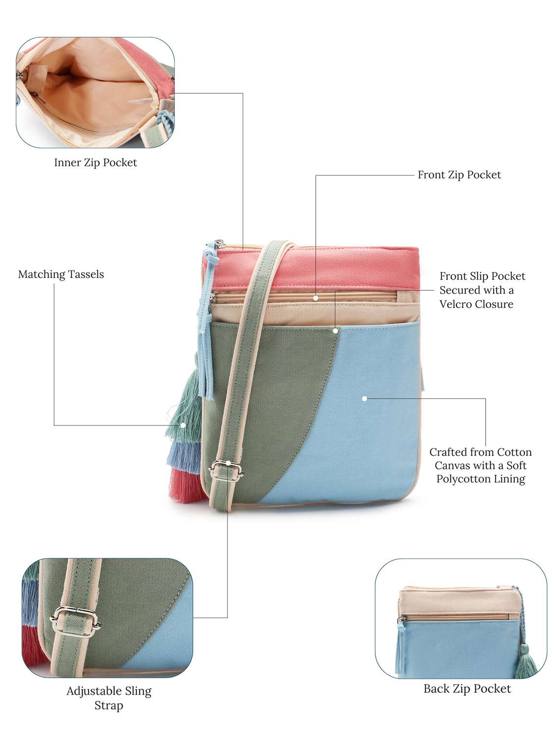 colorblock canvas sling bag with tassels - 22145801 - Standard Image - 4