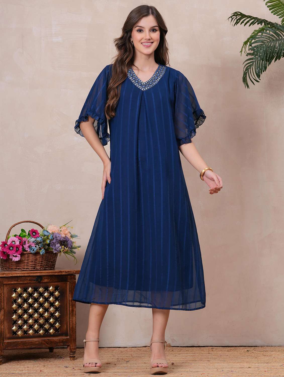 women striped flared sleeve a-line ethnic dress - 22145854 -  Standard Image - 1