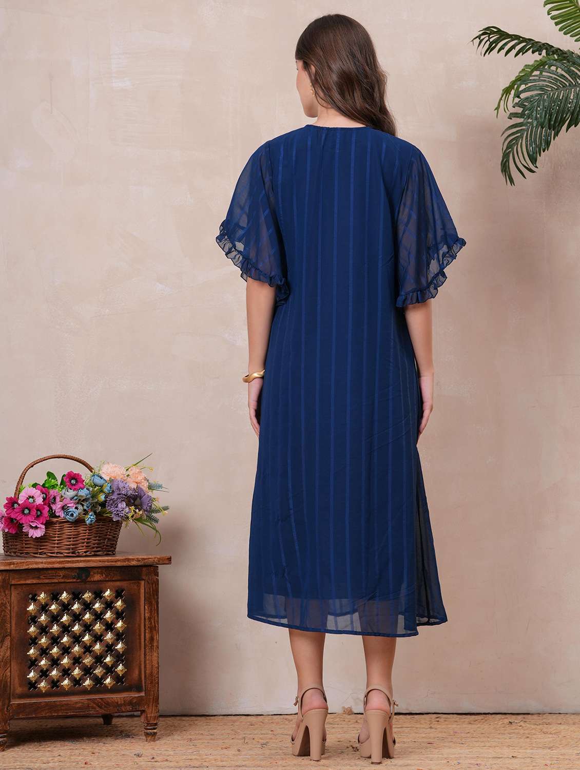 women striped flared sleeve a-line ethnic dress - 22145854 -  Standard Image - 4