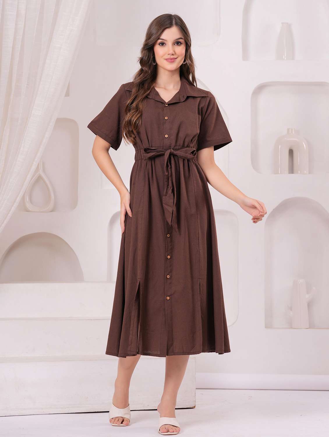 women solid short sleeve a-line ethnic dress - 22145855 - Standard Image - 1