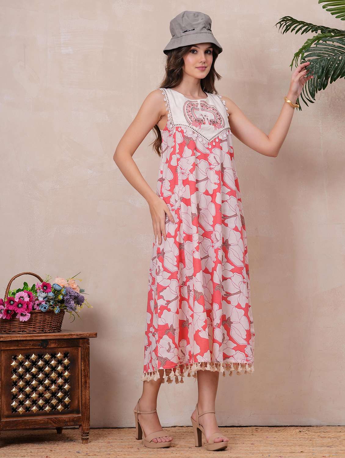 women floral printed sleeveless a-line ethnic dress