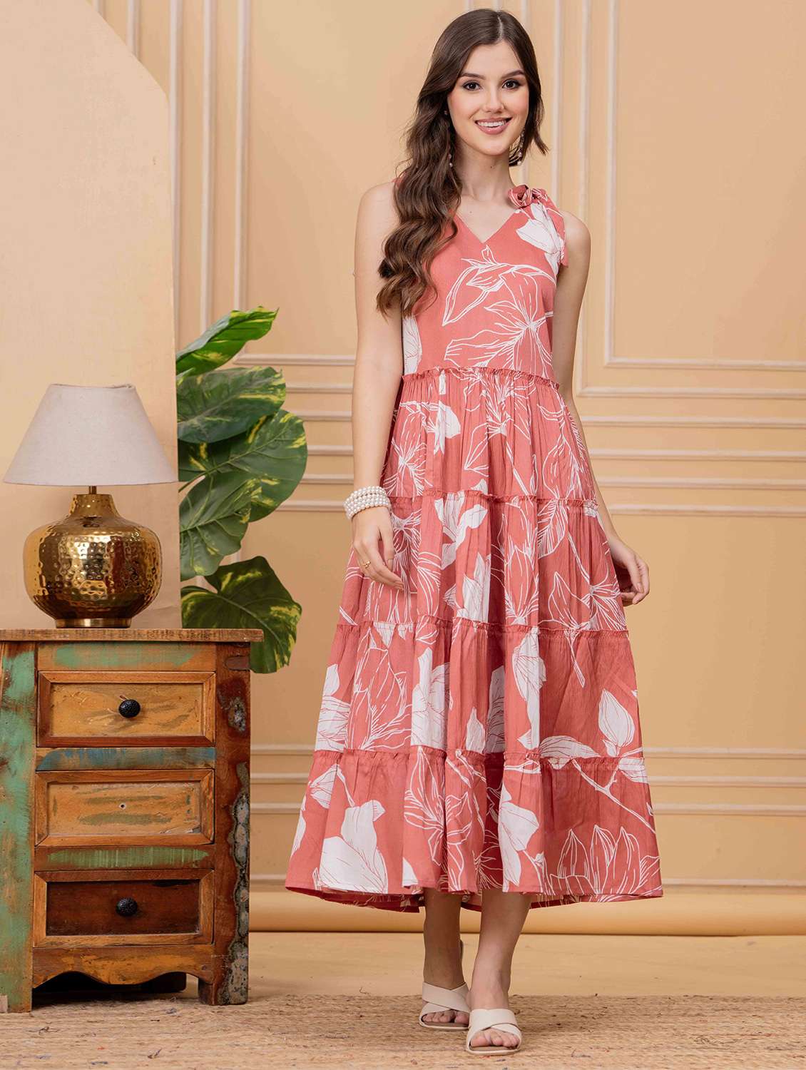 women floral printed sleeveless tiered dress - 22145861 - Standard Image - 1