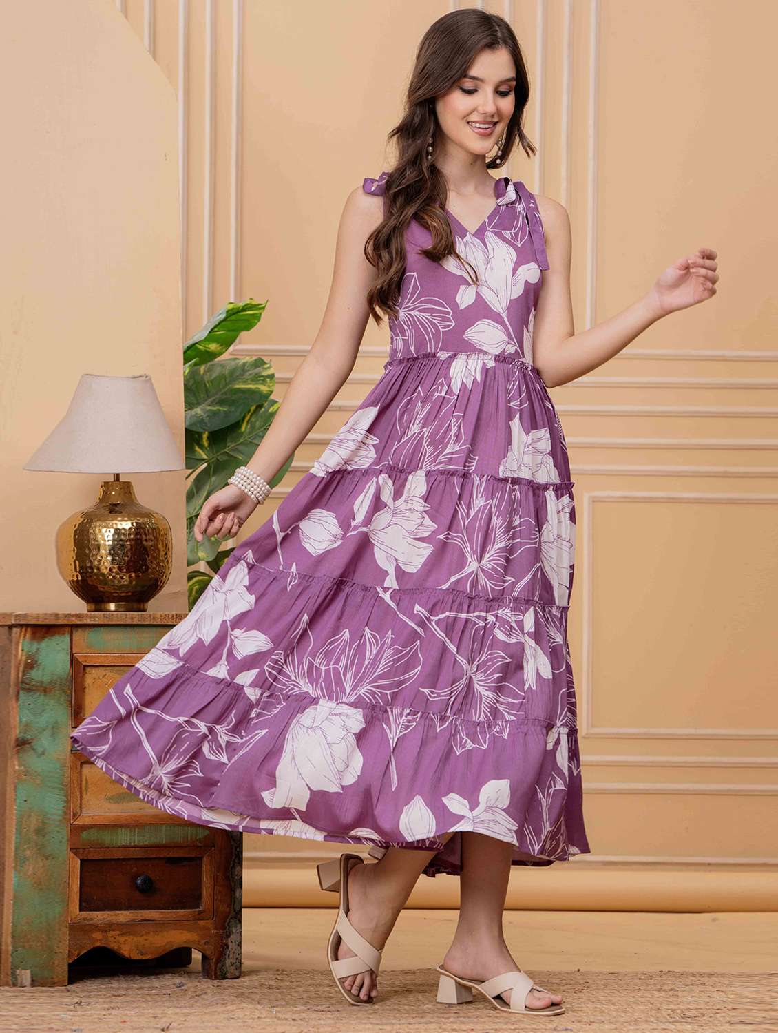 women floral printed sleeveless tiered dress - 22145862 - Standard Image - 1