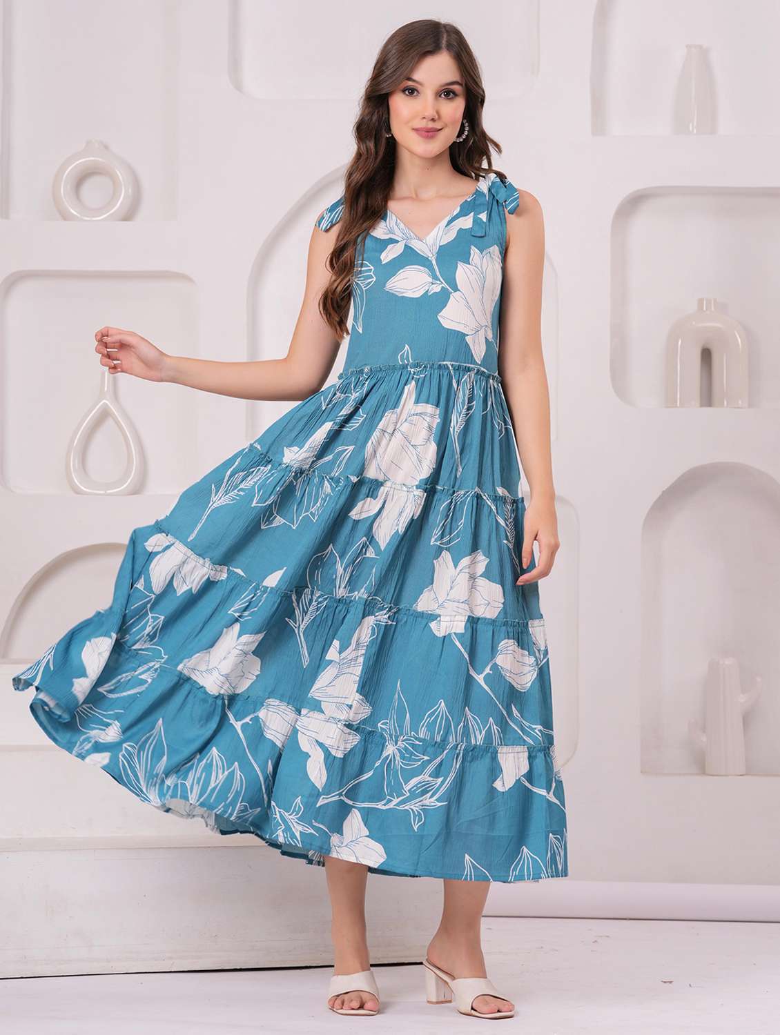 women floral printed sleeveless tiered dress - 22145863 - Standard Image - 1