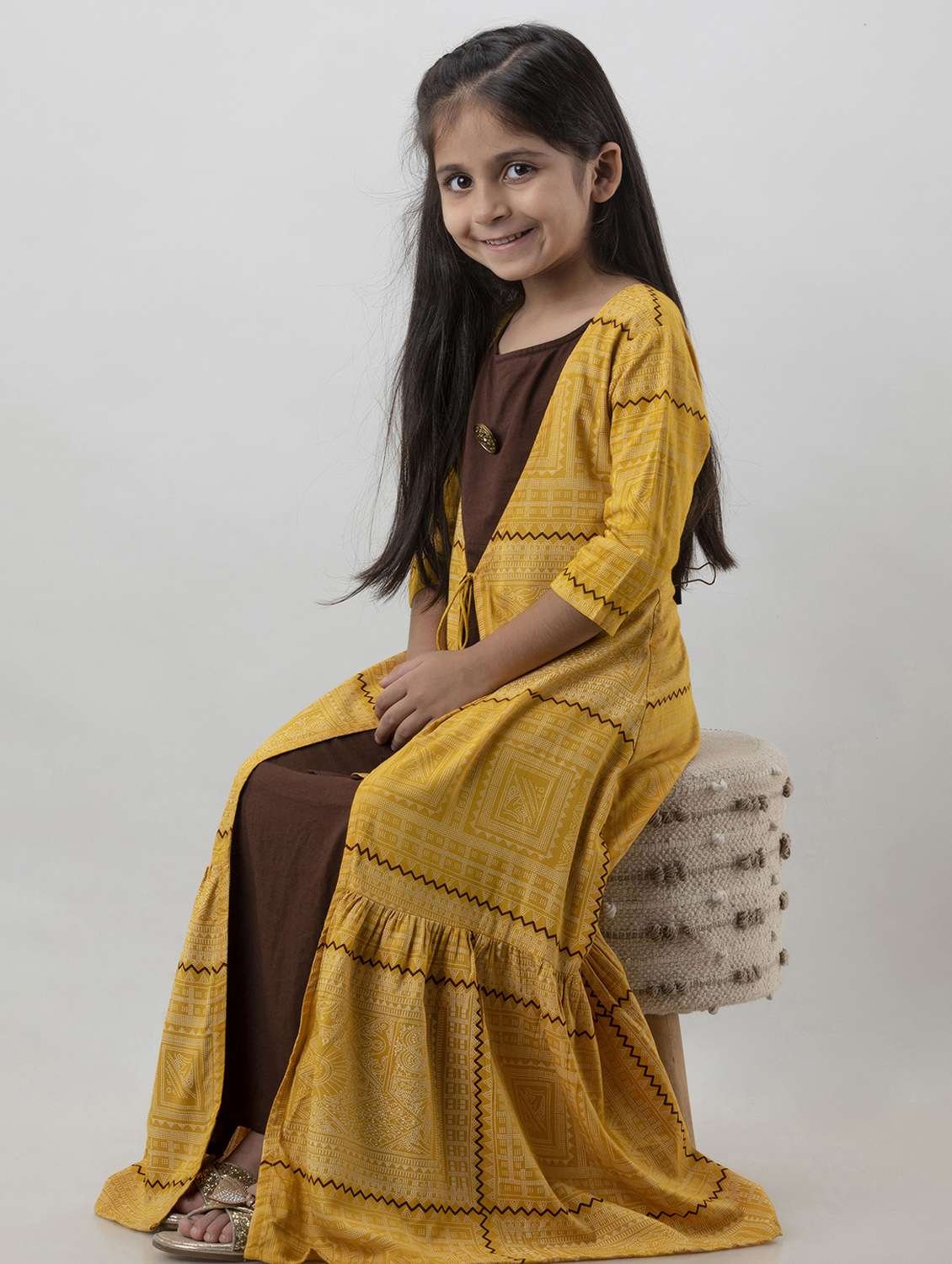 girls printed three quarter sleeve layered gown - 22145880 -  Standard Image - 1