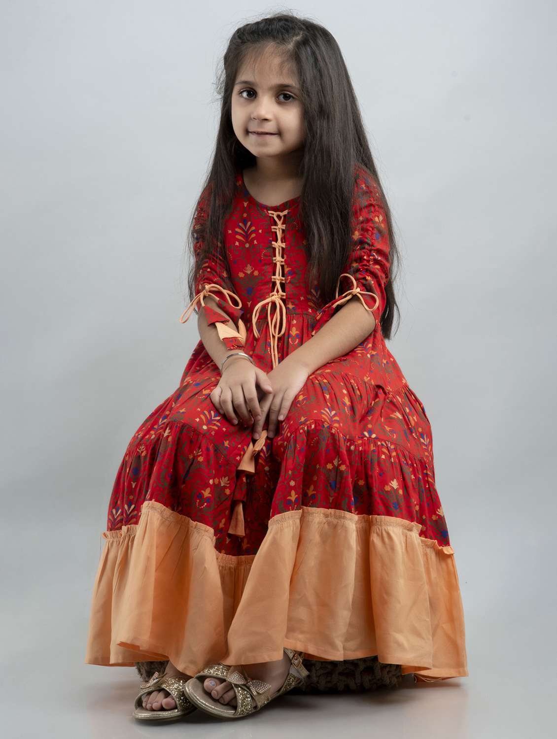 girls printed three quarter sleeve tiered gown - 22145883 -  Standard Image - 1