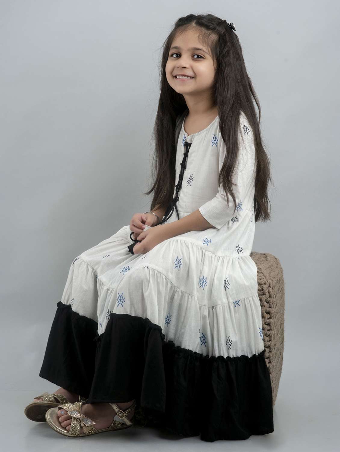 girls printed three quarter sleeve tiered gown - 22145884 -  Standard Image - 1