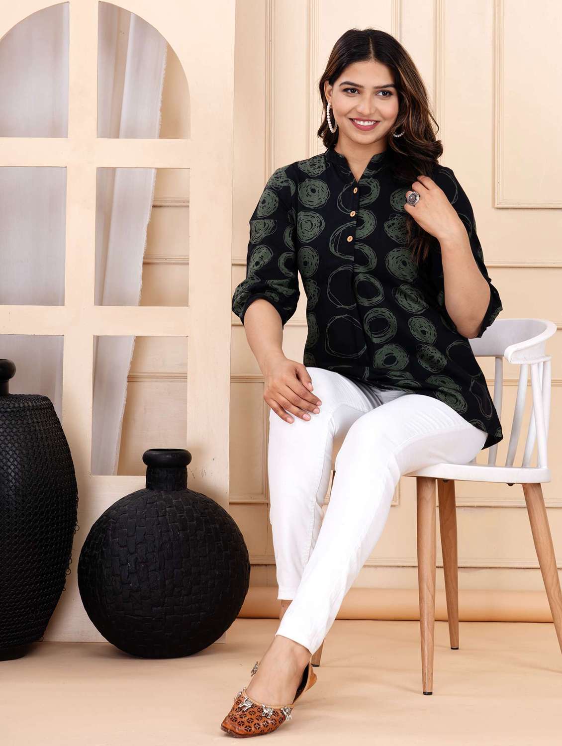 women printed three quarter sleeve ethnic top - 22146144 - Standard Image - 1