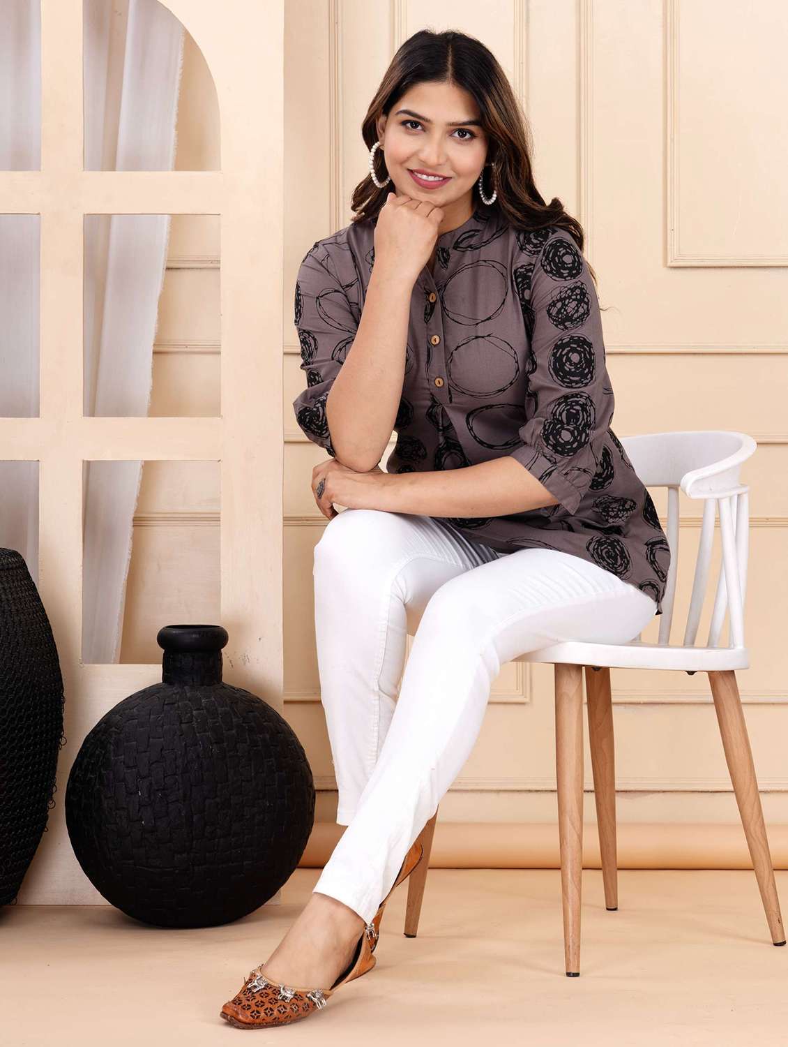 women printed three quarter sleeve ethnic top - 22146145 - Standard Image - 1