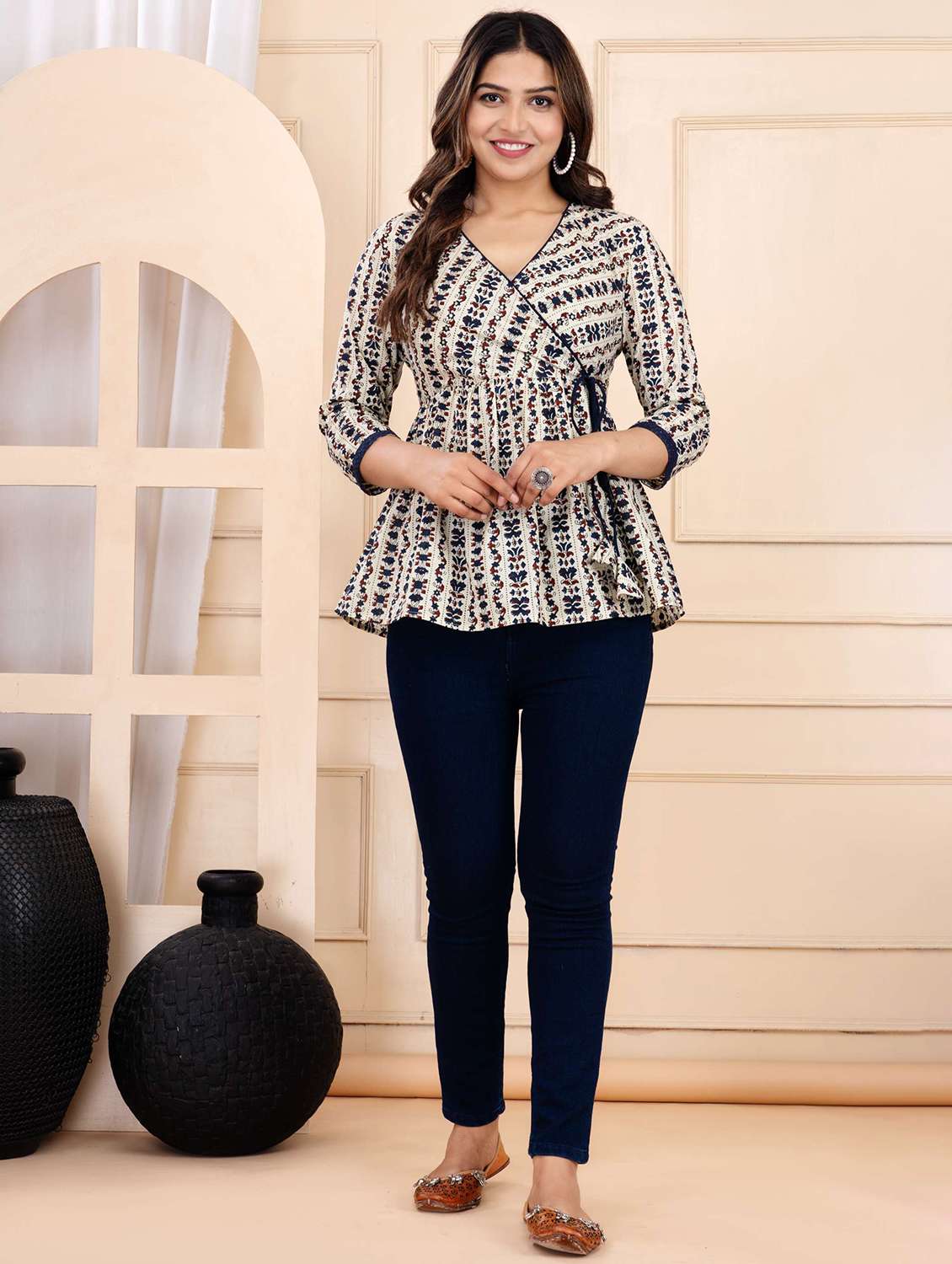 women printed three quarter sleeve ethnic top - 22146146 - Standard Image - 1