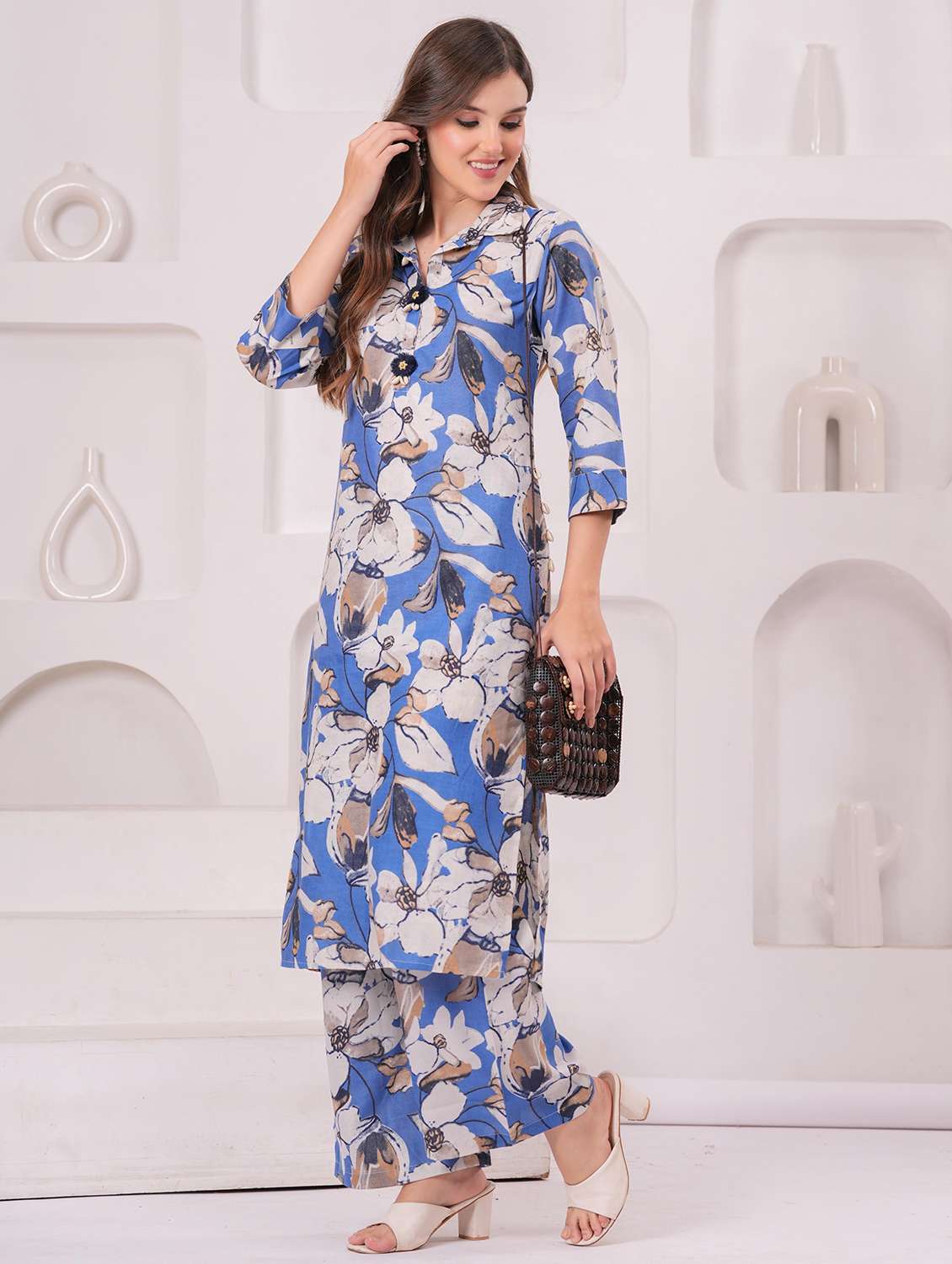 women floral printed three quarter sleeve kurta palazzo set - 22146629 - Standard Image - 1