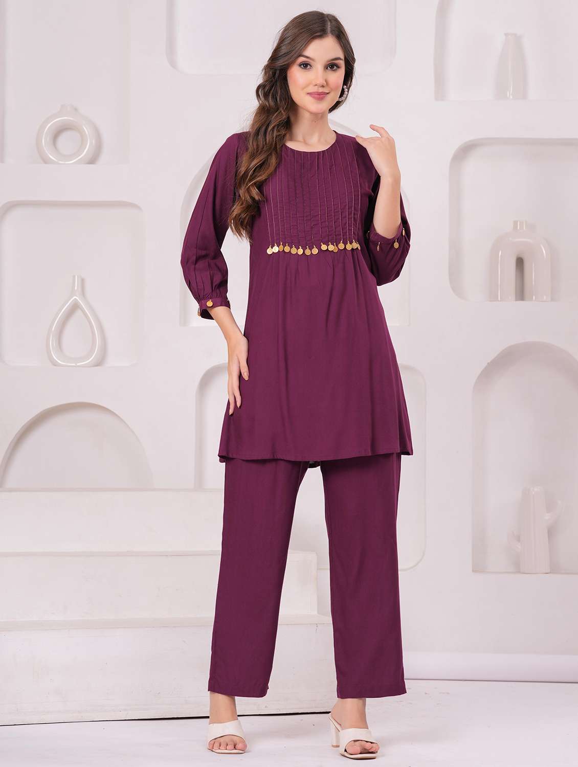 women three quarter sleeve regular fit ethnic co-ord set - 22146642 -  Standard Image - 1