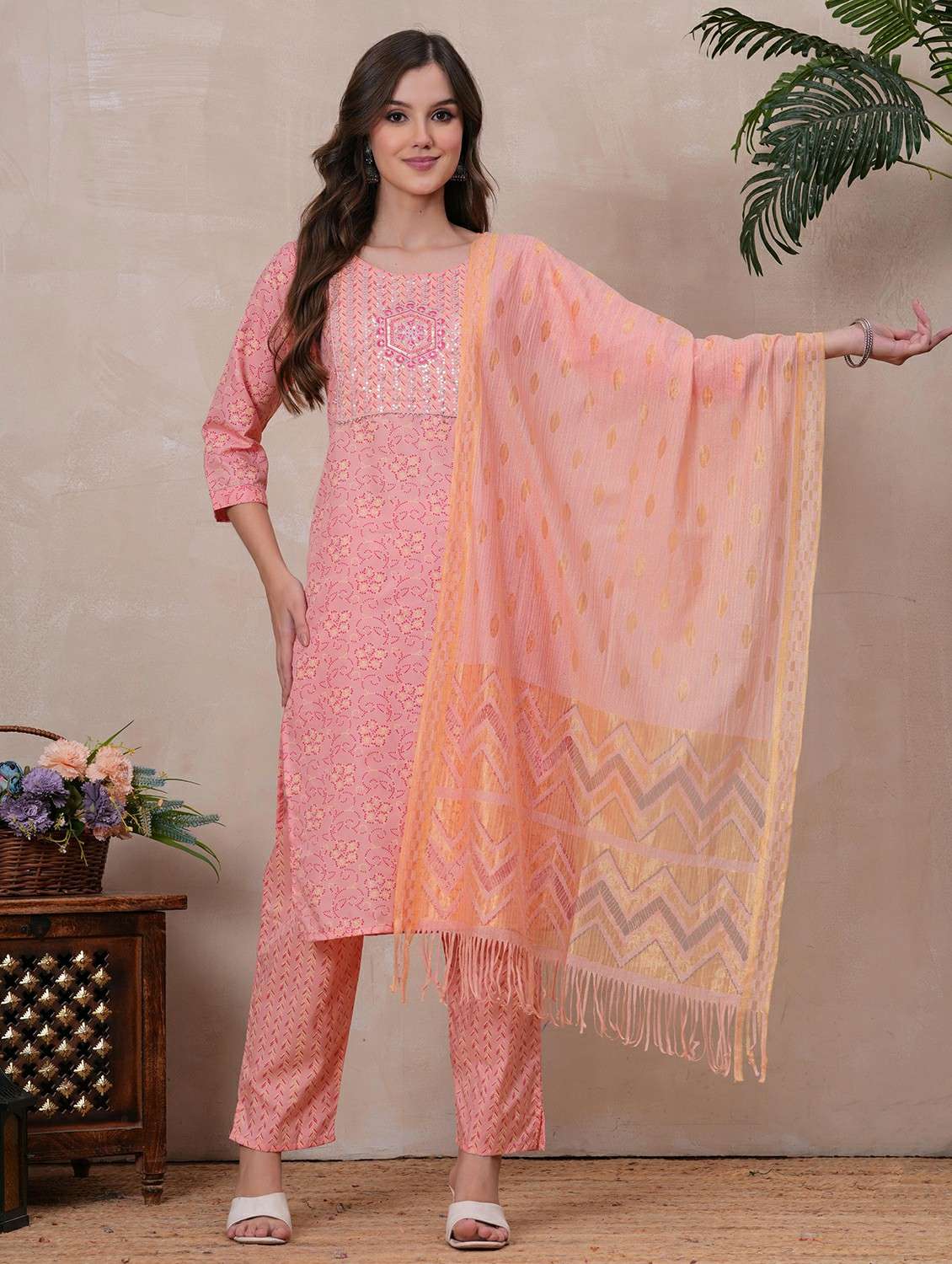 women printed three quarter sleeve kurta pant with dupatta set - 22146643 -  Standard Image - 1