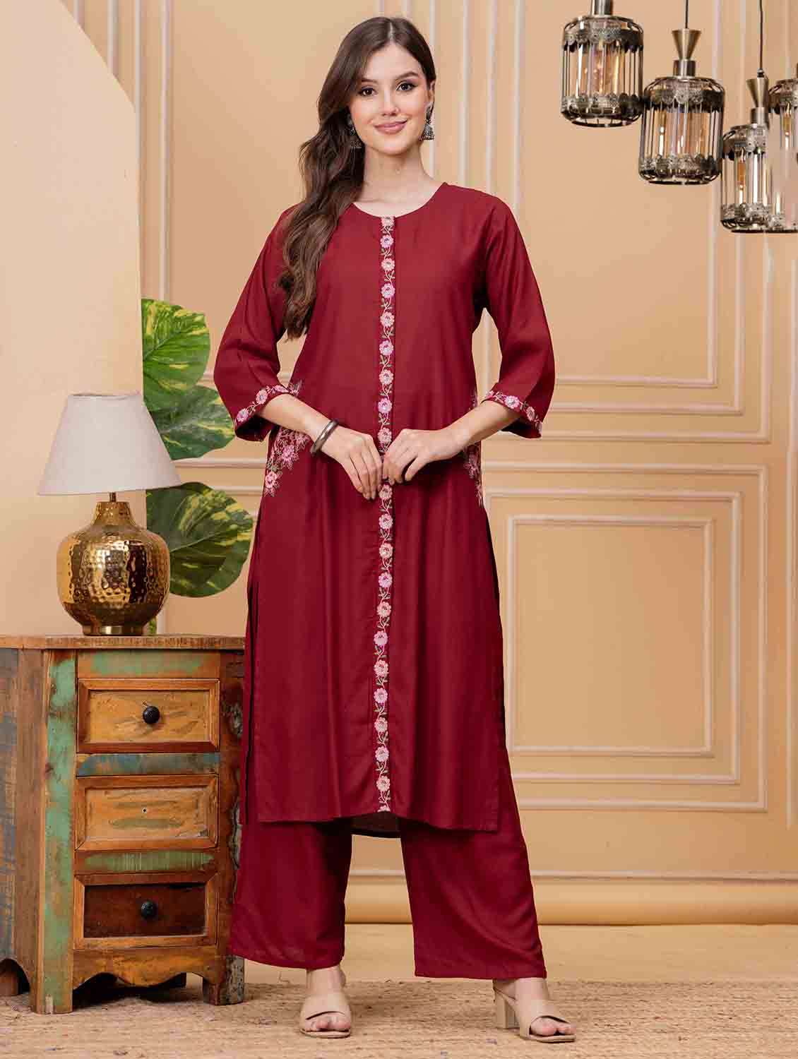 women embroidered three quarter sleeve kurta palazzo set - 22146644 -  Standard Image - 1