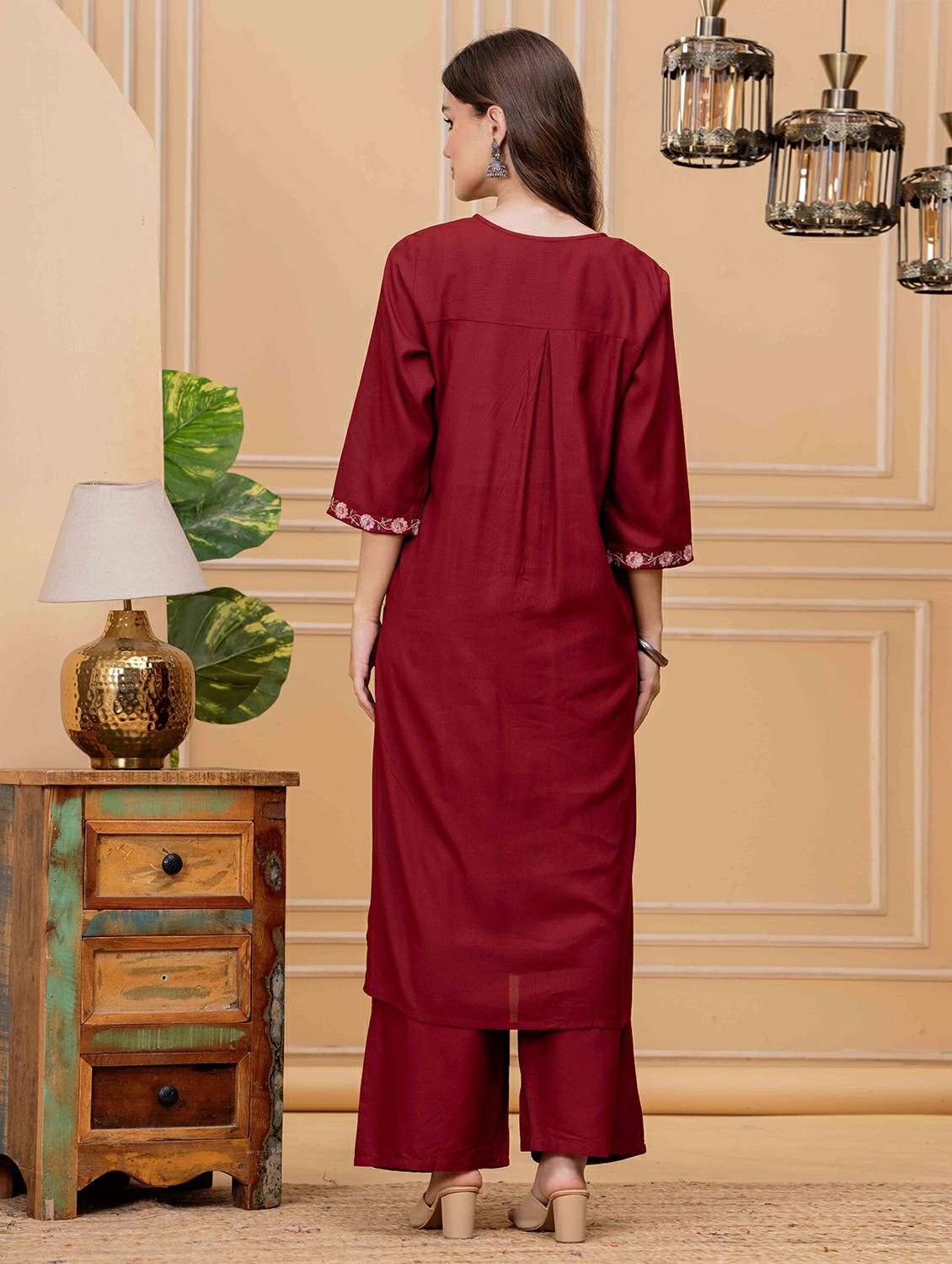 women embroidered three quarter sleeve kurta palazzo set - 22146644 -  Standard Image - 4