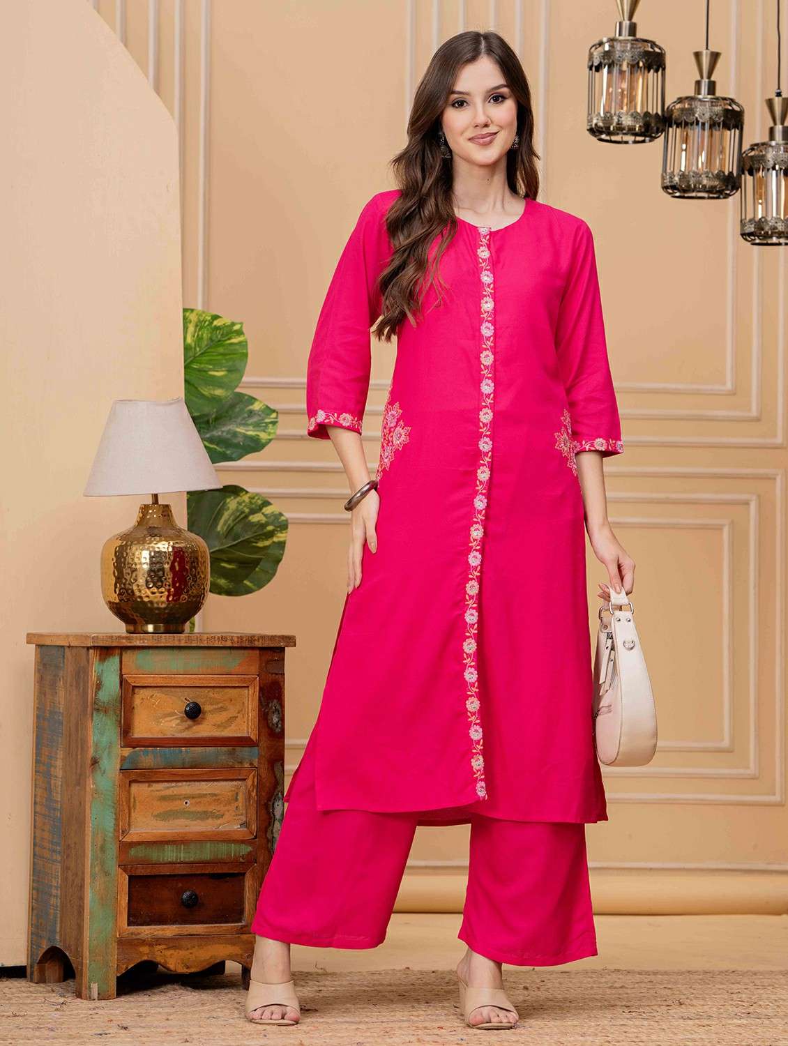 women embroidered three quarter sleeve kurta palazzo set