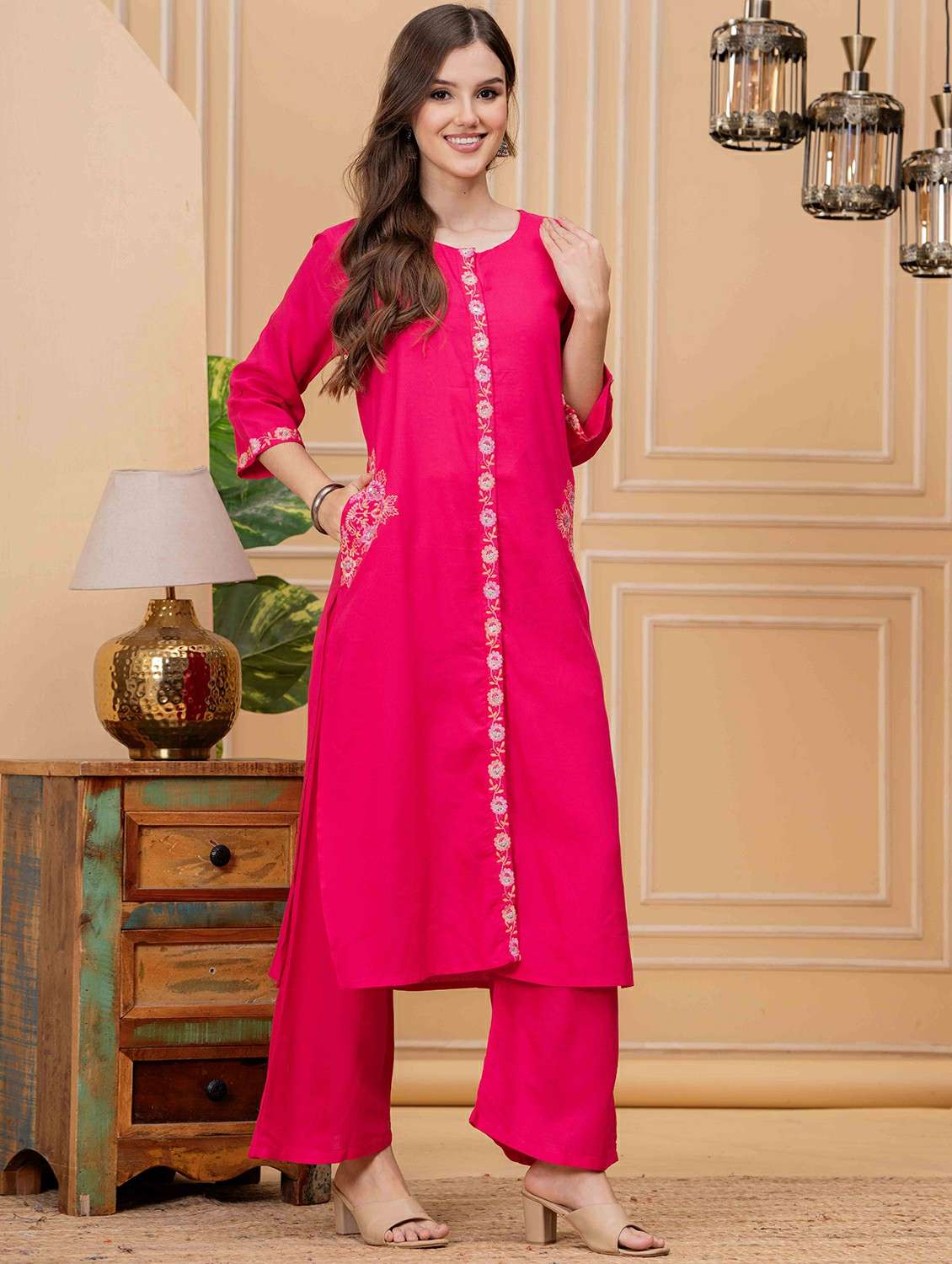 women embroidered three quarter sleeve kurta palazzo set - 22146645 -  Standard Image - 1