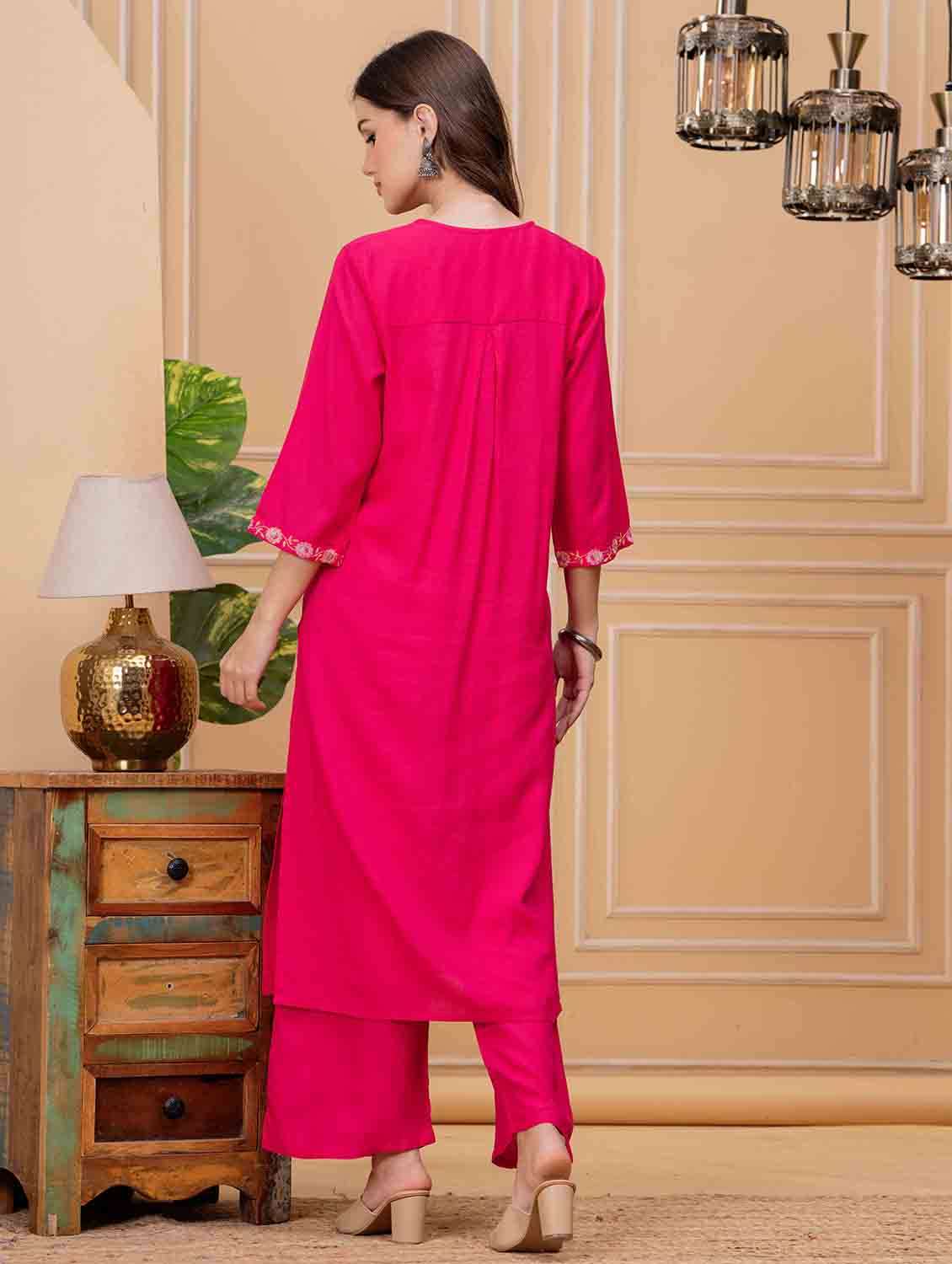 women embroidered three quarter sleeve kurta palazzo set - 22146645 -  Standard Image - 4