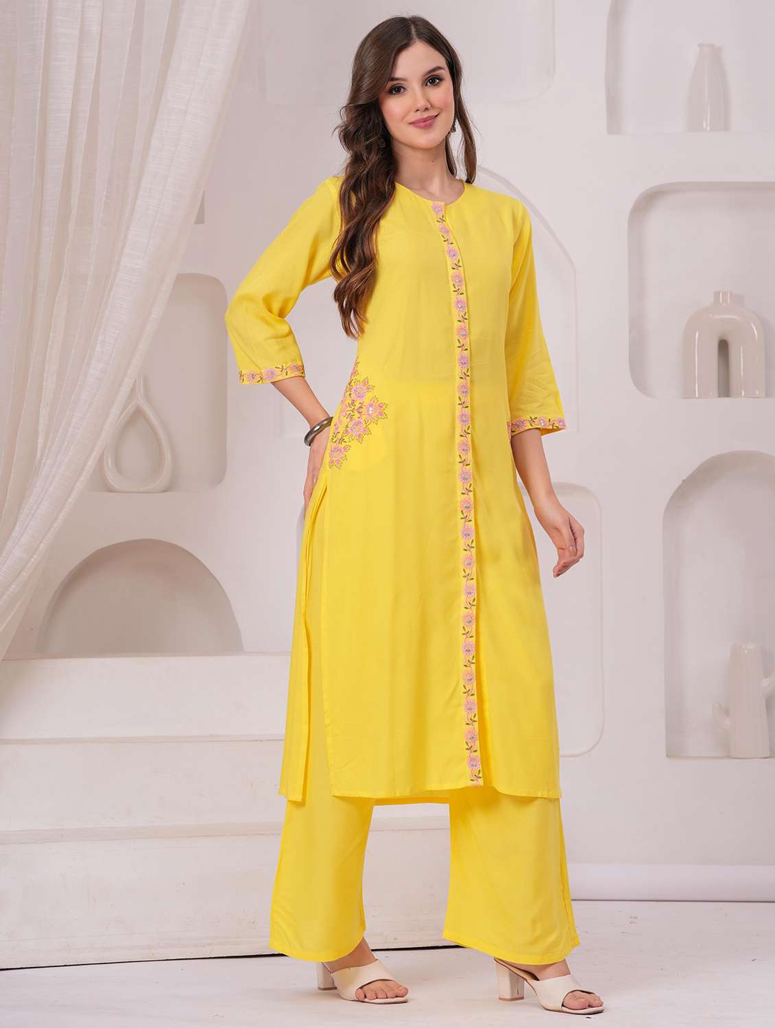 women embroidered three quarter sleeve kurta palazzo set - 22146646 -  Standard Image - 1