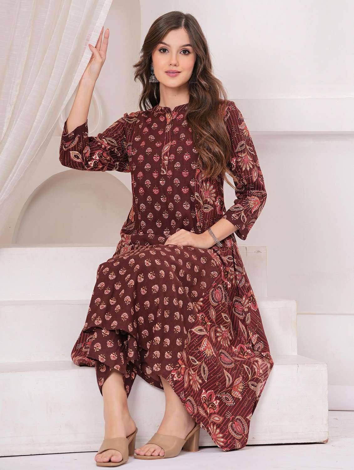 women floral printed three quarter sleeve kurta pant set - 22146647 - Standard Image - 1