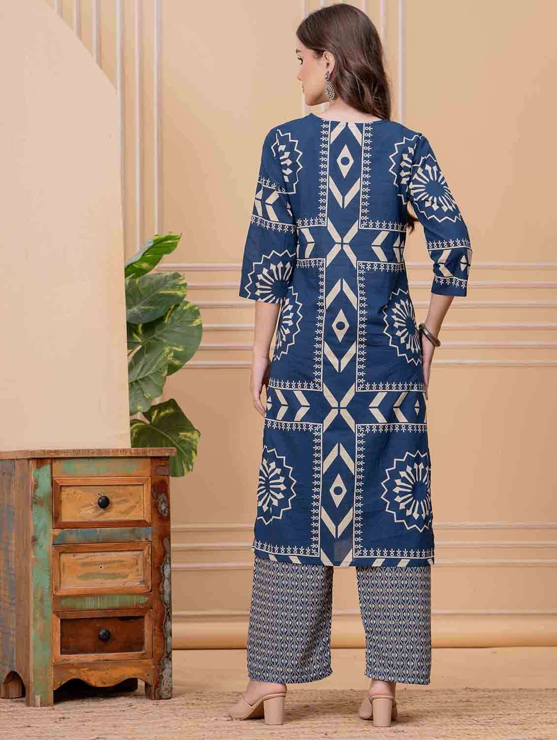 women geometric printed three quarter sleeve kurta pant with dupatta set - 22146650 - Standard Image - 4