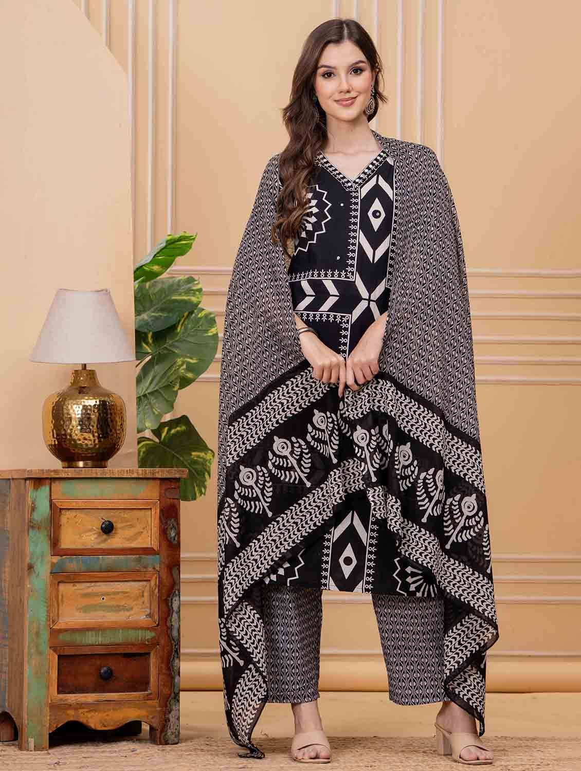 women geometric printed three quarter sleeve kurta pant with dupatta set - 22146651 -  Standard Image - 1