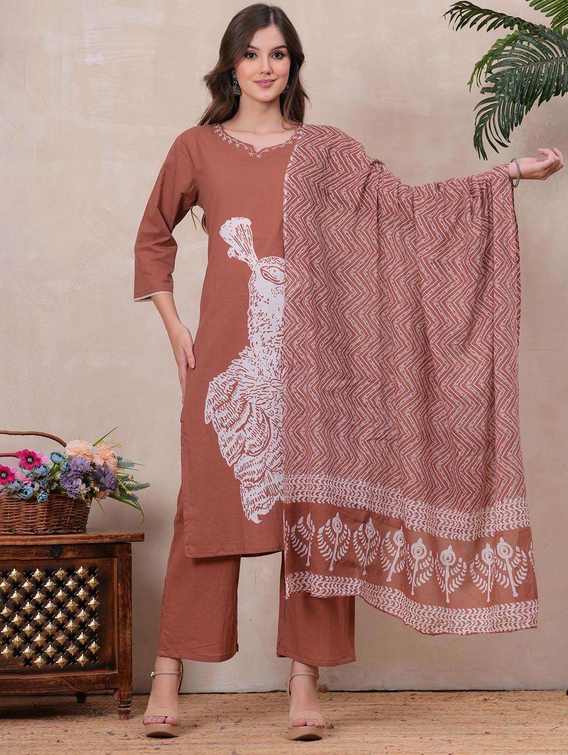 women printed three quarter sleeve kurta pant with dupatta set - 22146653 - Standard Image - 1