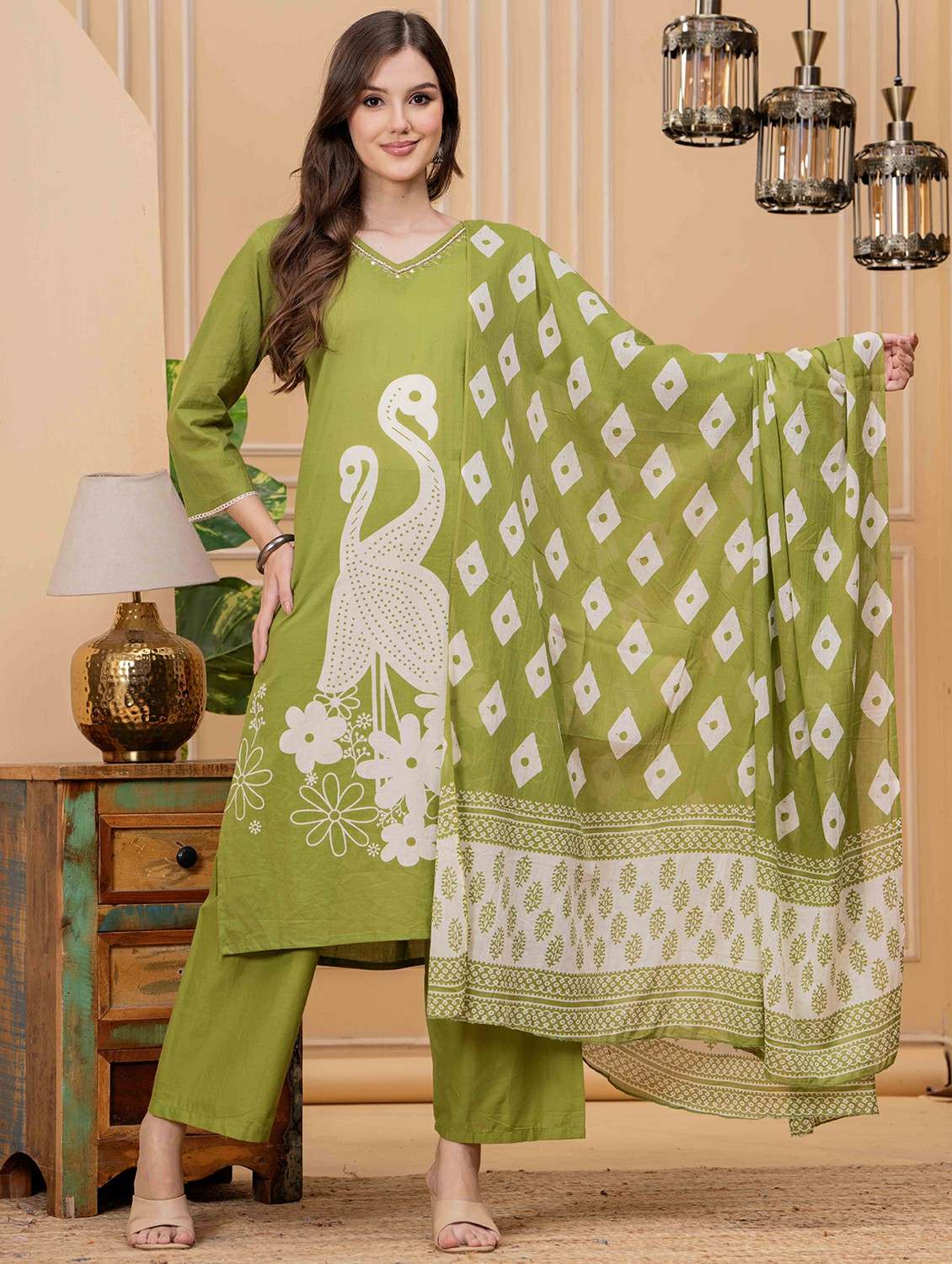 women printed three quarter sleeve kurta pant with dupatta set - 22146654 -  Standard Image - 1