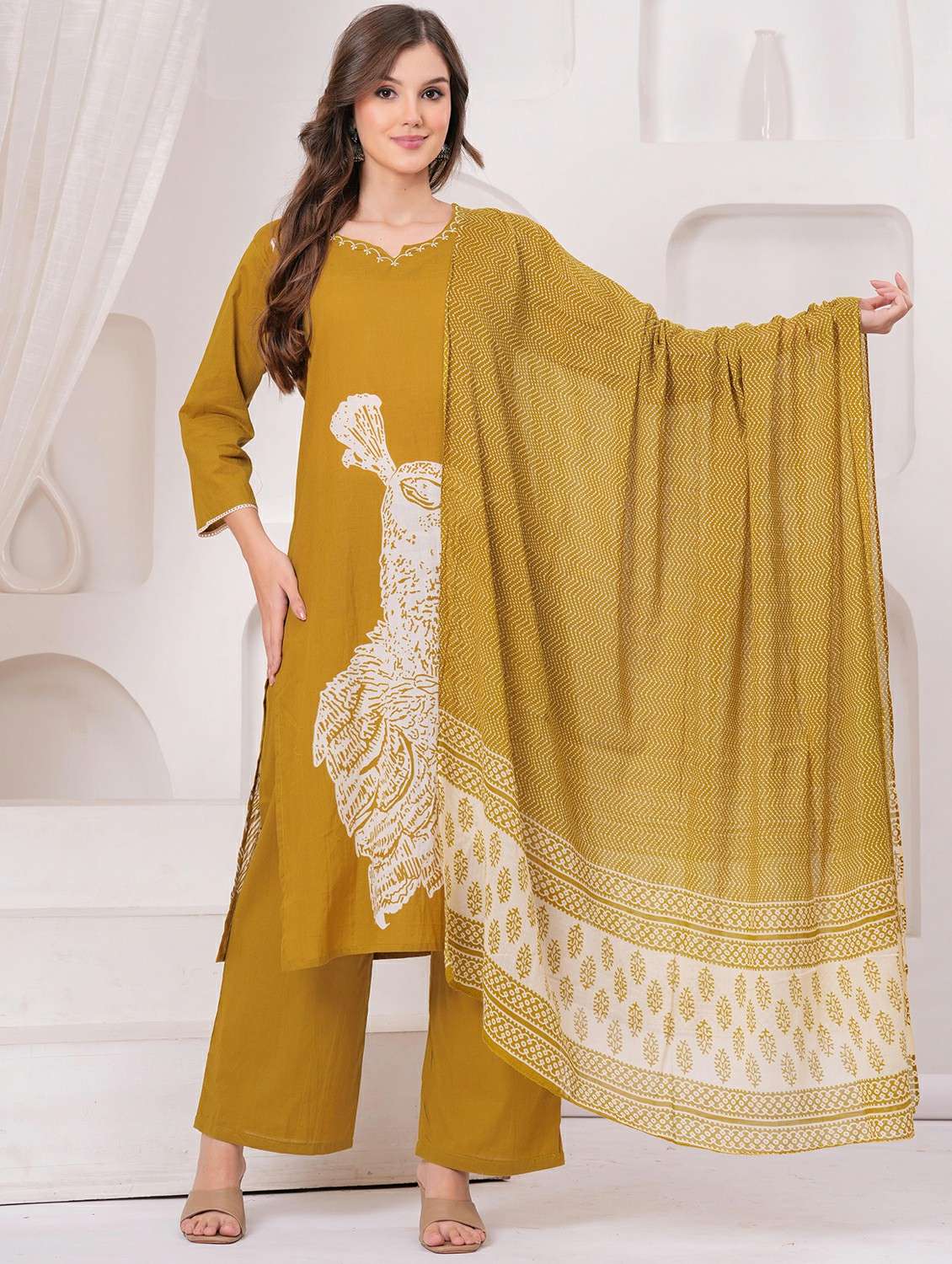 women printed three quarter sleeve kurta pant with dupatta set - 22146655 - Standard Image - 1
