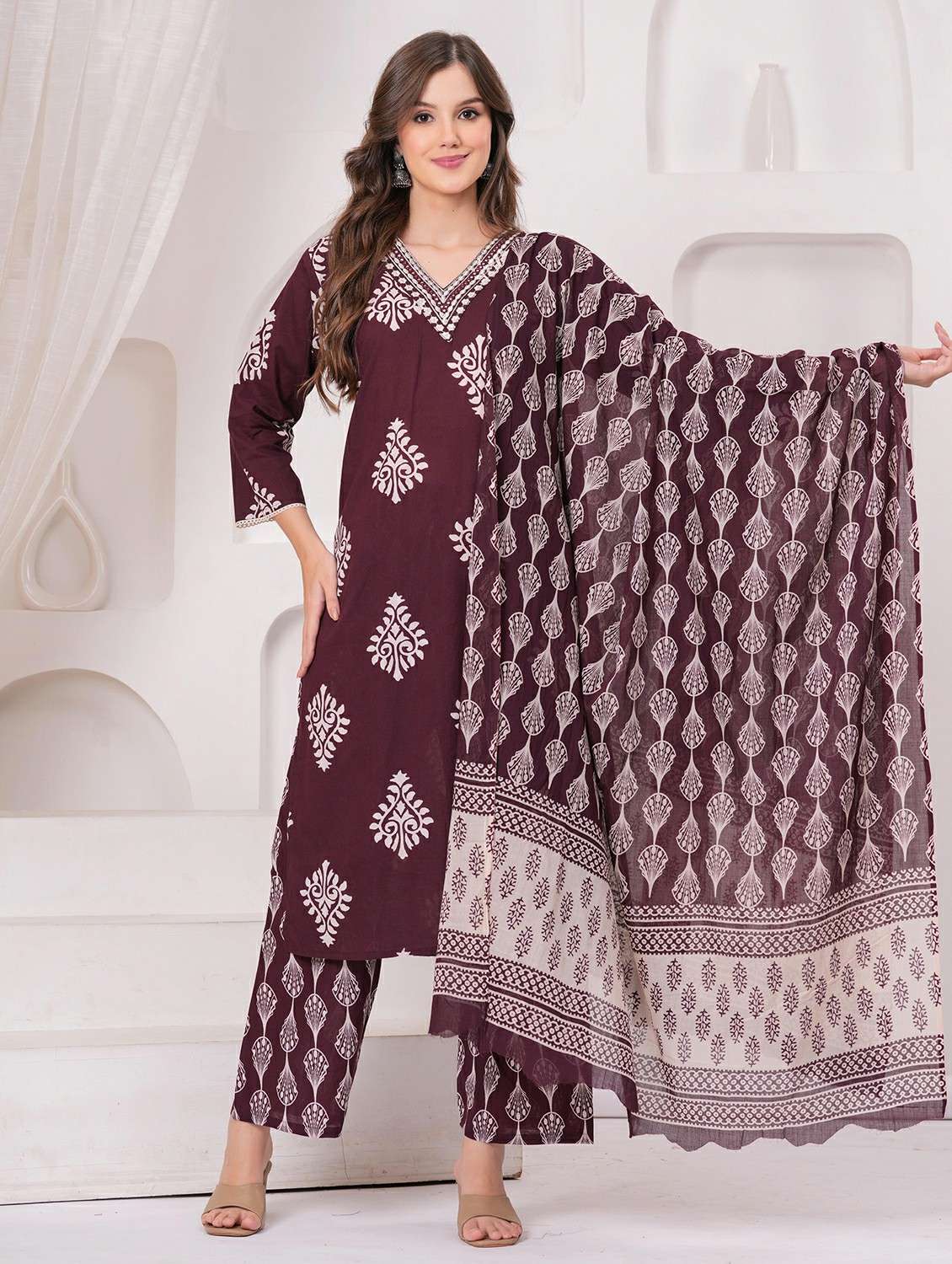 women printed three quarter sleeve kurta pant with dupatta set - 22146658 - Standard Image - 1