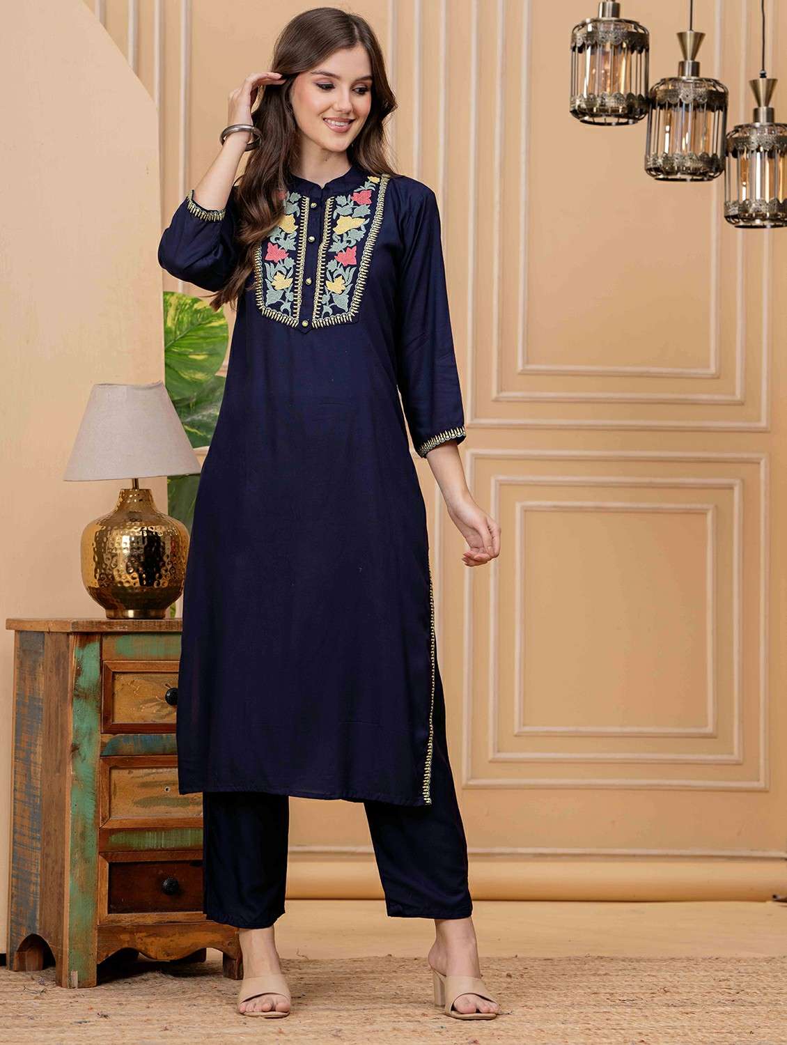 women embroidered three quarter sleeve kurta pant set - 22146660 - Standard Image - 1