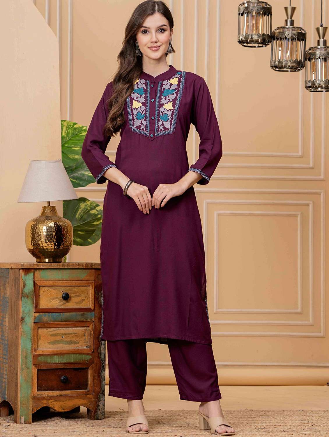 women embroidered three quarter sleeve kurta pant set - 22146661 -  Standard Image - 1