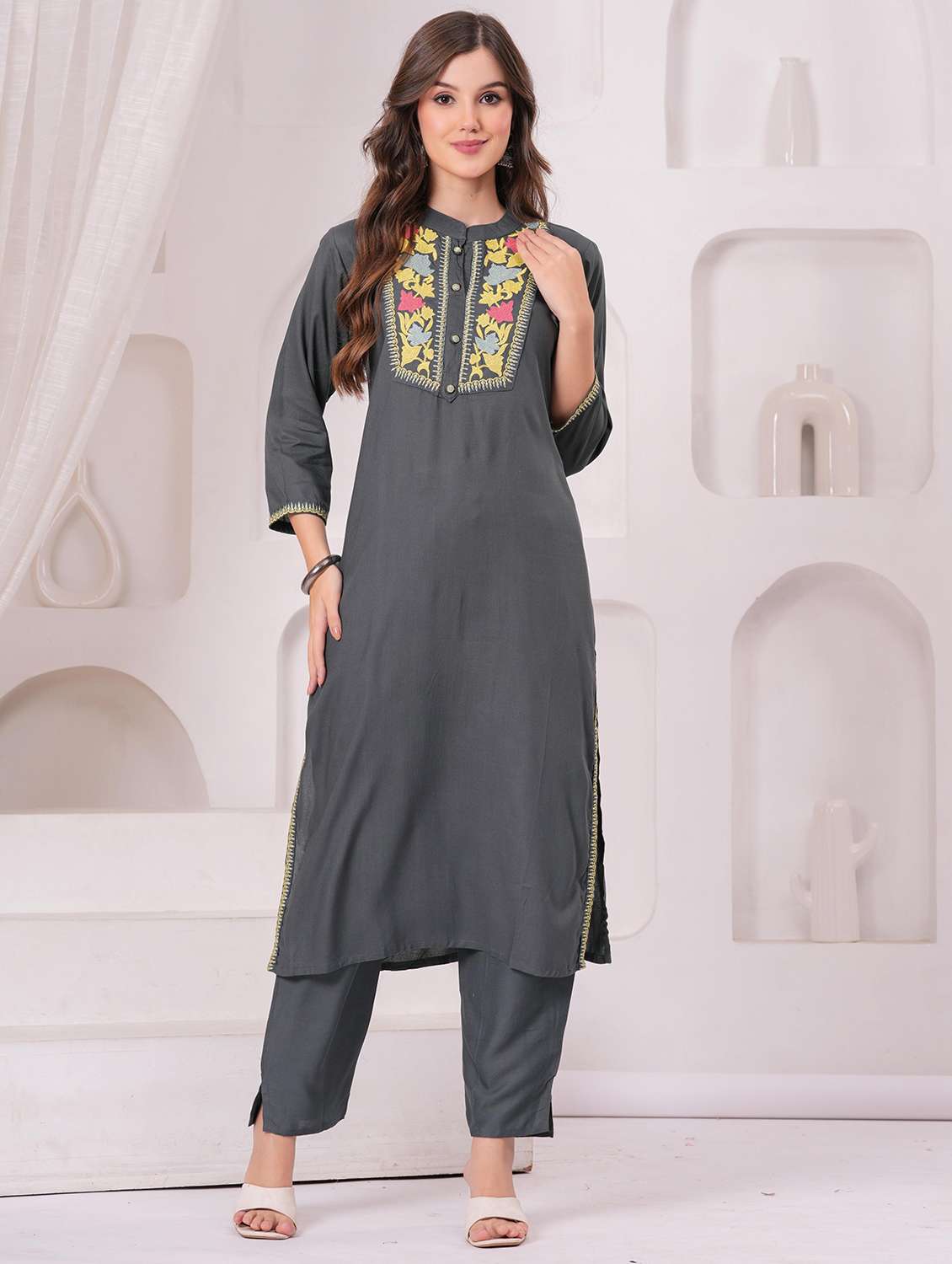 women embroidered three quarter sleeve kurta pant set - 22146662 -  Standard Image - 1